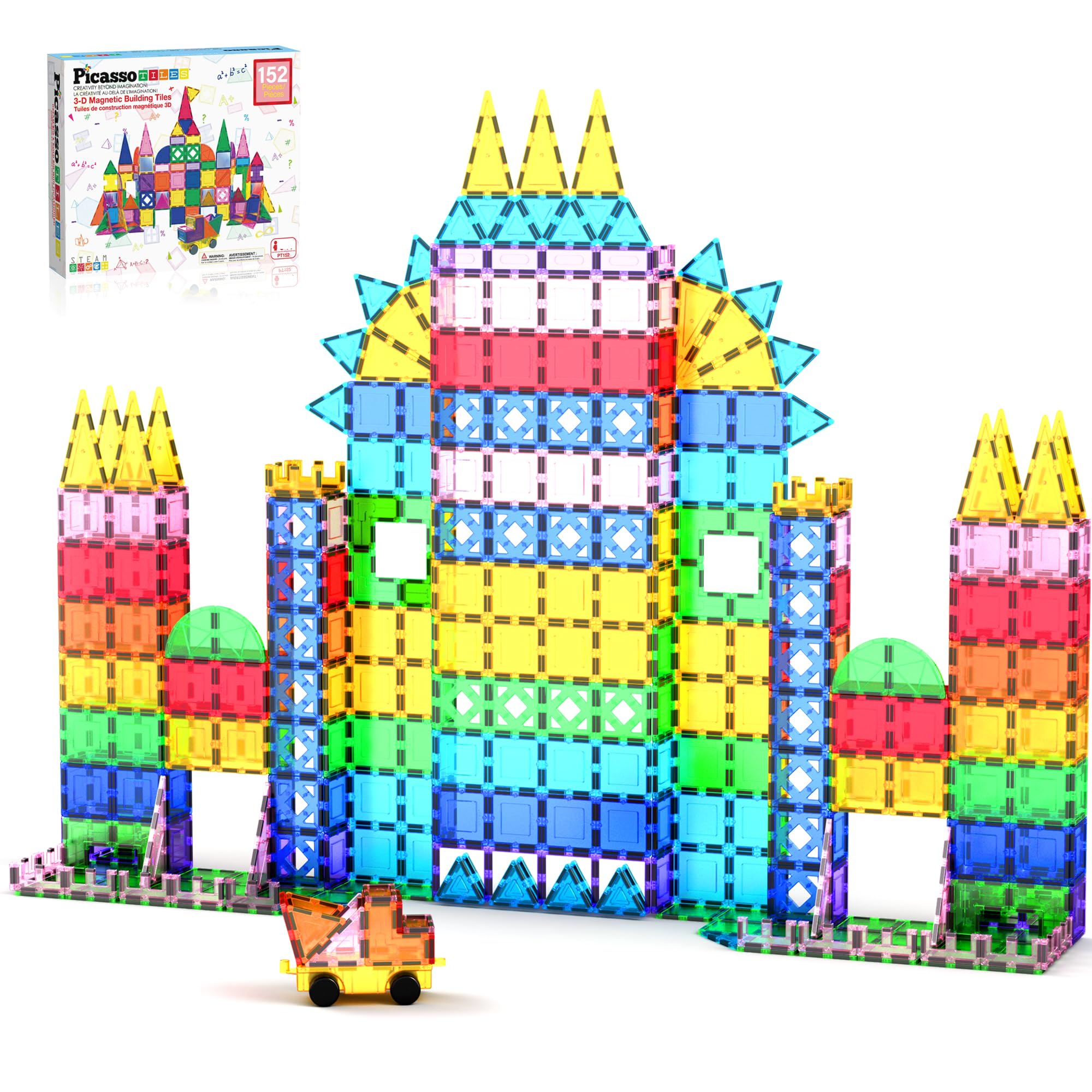 PicassoTiles Magnetic Tiles 152pcs Mirror Theme Magnet Tile Building Blocks STEM Sensory Toys with Car for Kids Toddlers Boys Girls Age 3+ Educational Learning Construction Play Set PT152 Image