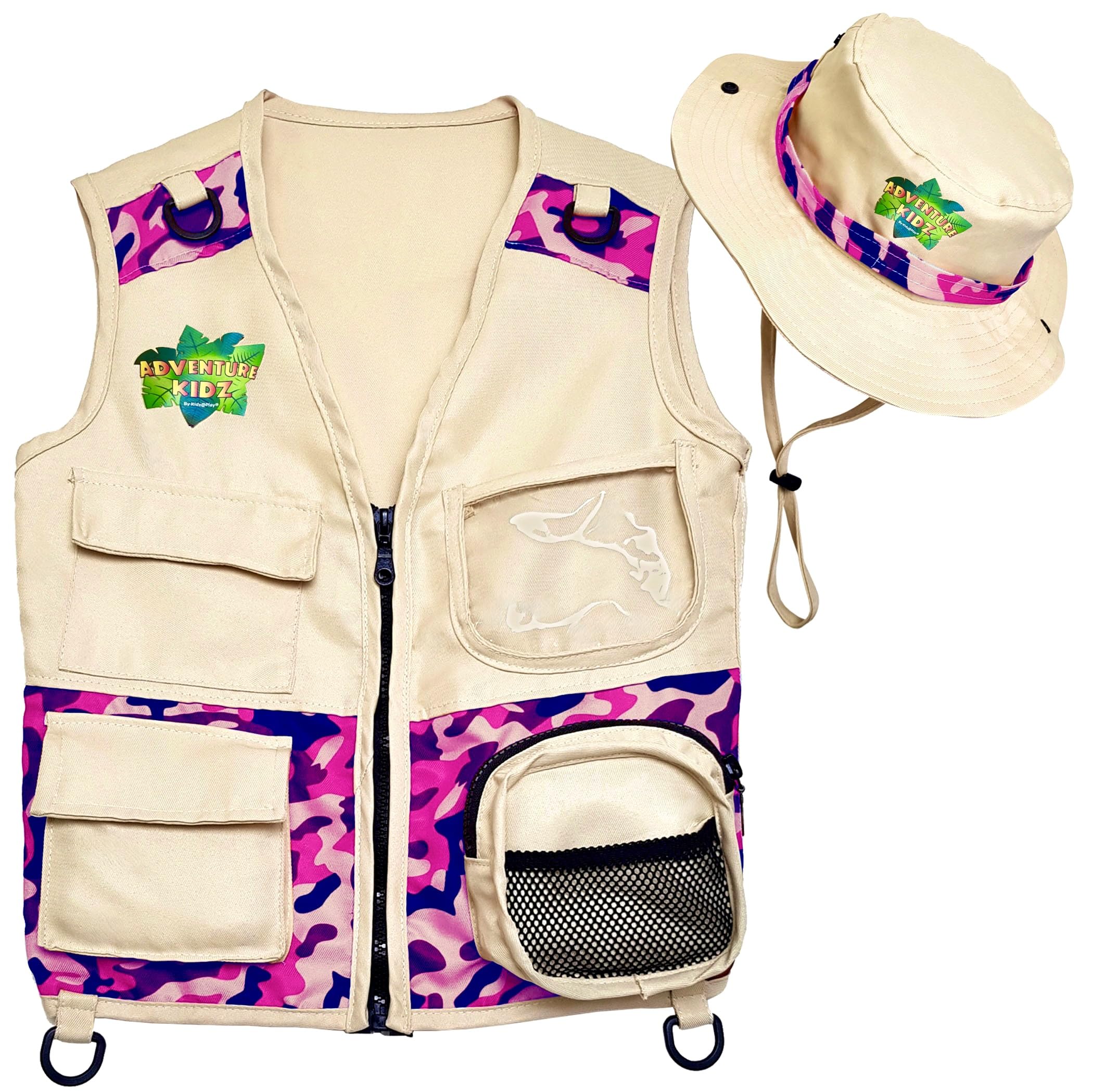 Safari Kidz Outdoor Explorer Kit - Camouflage Cargo Vest and Hat Set, Backyard Nature Adventures, Washable Costume for Boys and Girls … (Pink)