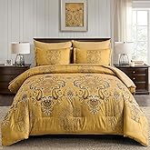 Mybedsoul 7 Pieces Gold Comforter Set King Size, Damask Bed in a Bag for King Bed, Lightweight Microfiber Boho Bedding Sets with Comforter, Sheet, Pillowcases & Shams for All Season(90"x104")