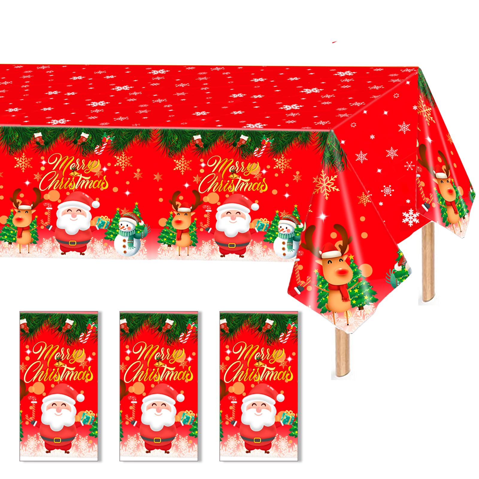 Photo 1 of 3 Pcs Plastic Christmas Tablecloths, 54*108 Inch Disposable Tablecloths with Santa Claus & Reindeer Pattern for Rectangle Tables, Merry Christmas Party Decoration (3 Pack)