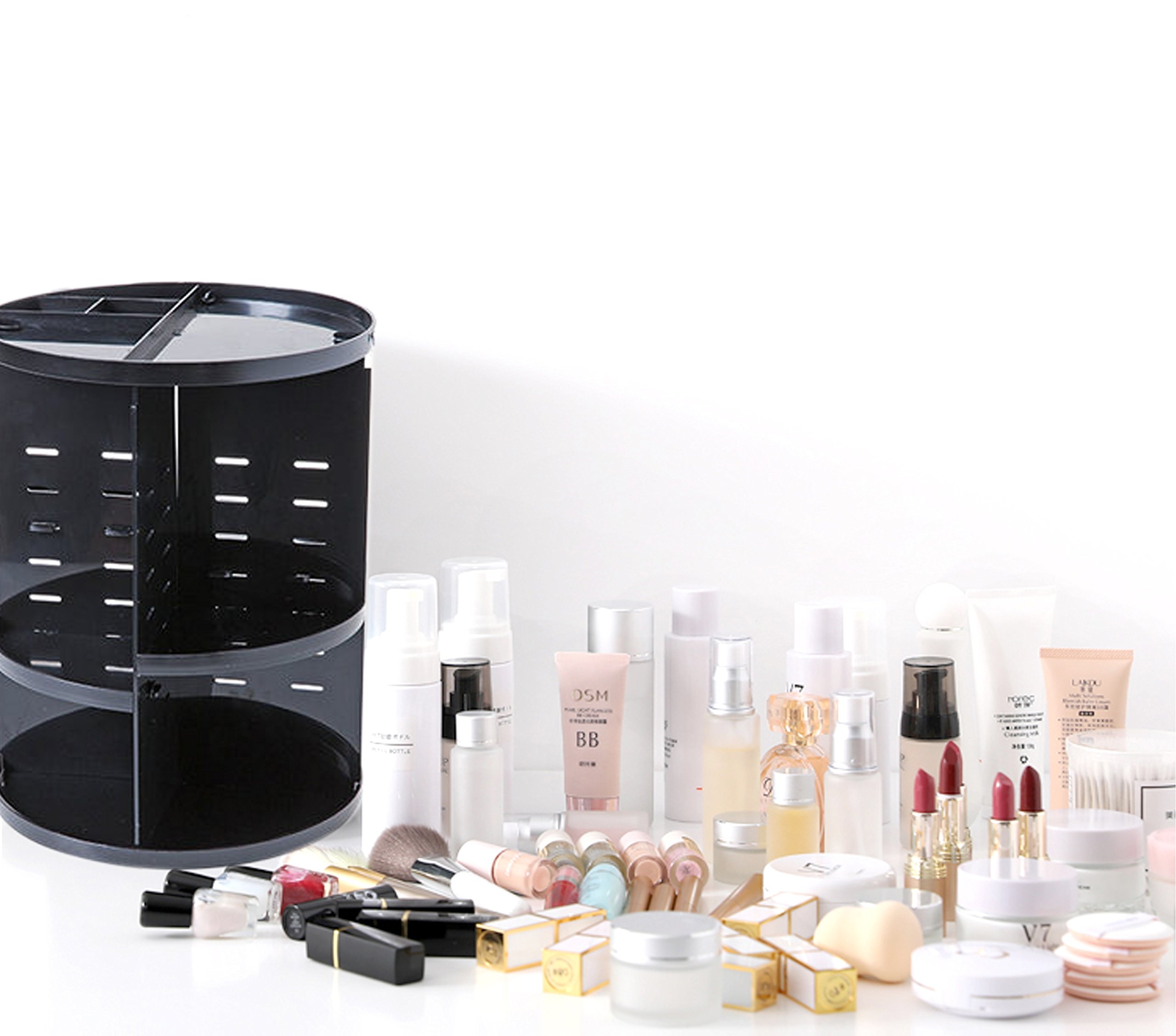 JJMG NEW 360° Rotation Table Top Make Up Organizer - Plastic Black Cosmetic Storage Case