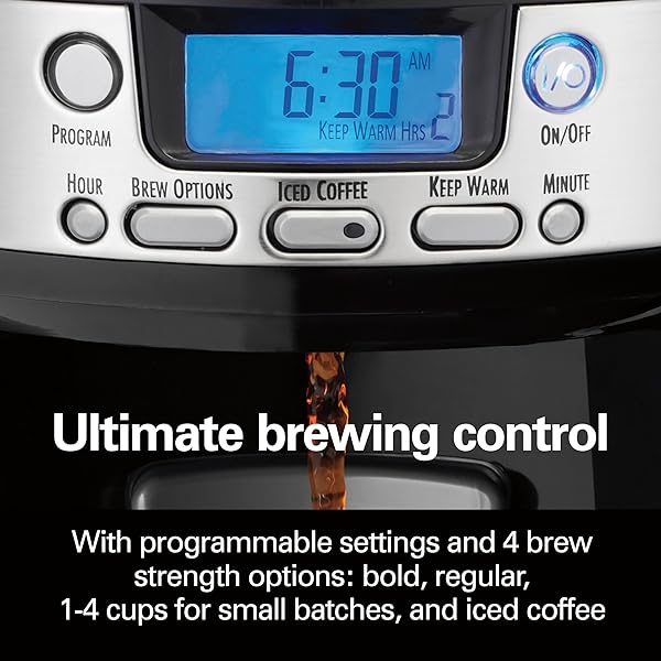 HAMILTON BEACH ONE PRESS PROGRAMMABLE DISPENSING 12 CUP COFFEE MAKER WITH INTERNAL COFFEE POT, STAYS WARM AND FRESH FOR HOURS, 60 OZ. REMOVABLE RESERVOIR, BLACK & STAINLESS STEEL (47950)