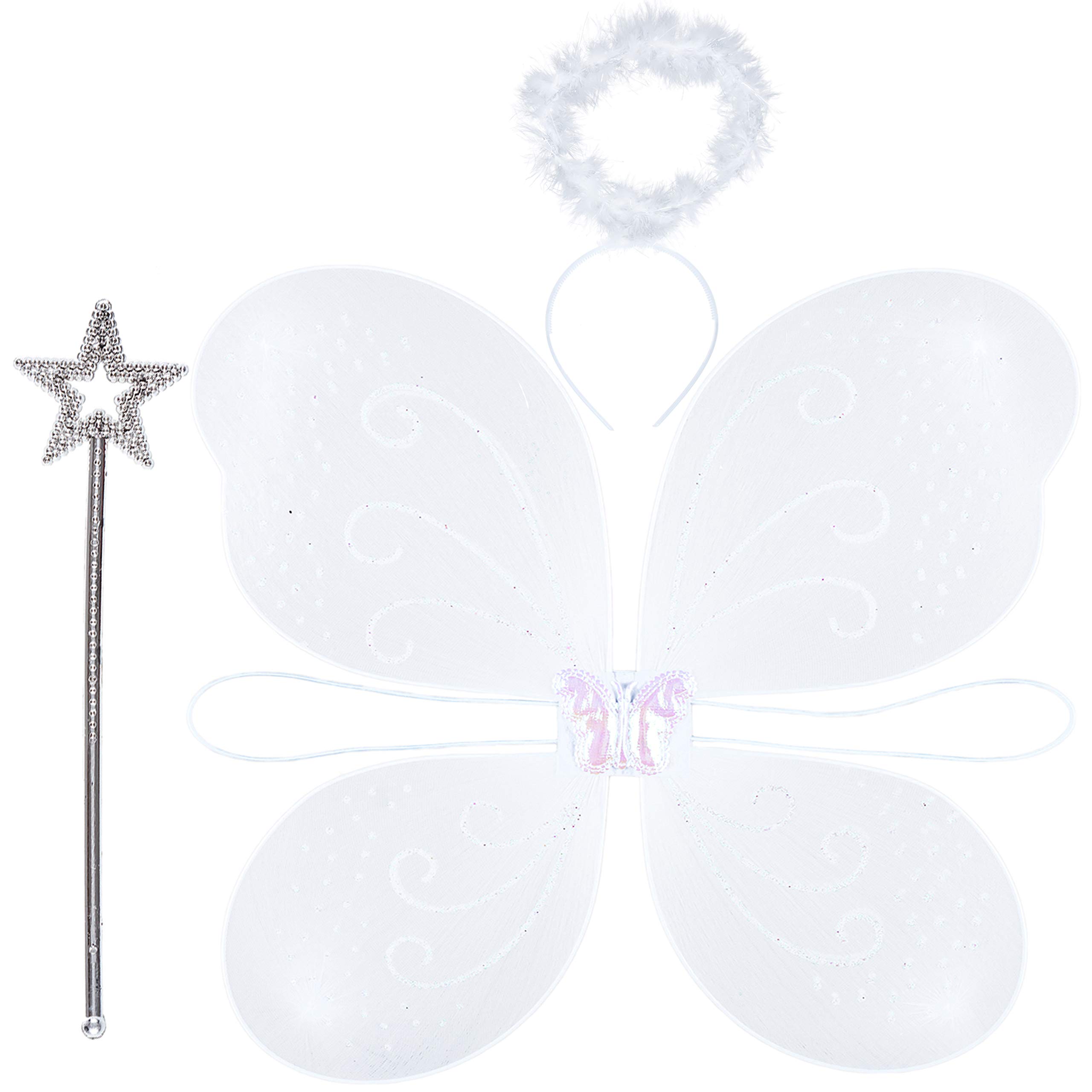 3pc Fairy Costume Accessories with Fairy Wings Kids, Magic Wand and Halo Headband - Christmas Angel Costume Kids Nativity Set - White Wings and Halo for Angel Christmas Fancy Dress
