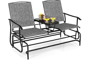 S AFSTAR 2-Person Outdoor Glider, Patio Glider Bench Chairs with Center Tempered Glass Table & Breathable Loveseat, Double Swing Glider Chair for Porch Garden Poolside Balcony Lawn (Gray)