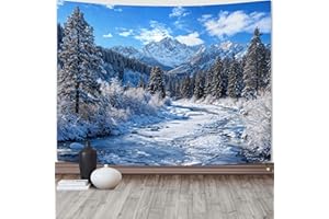 AMM Winter Forest Snow Mountain Tapestry Snowy Pine Tree Woodland Tapestry for Bedroom Aesthetic White Clouds Flowing River Landscape Tapestries Wall Hanging for Living Room Dorm Office 48 x 36 Inch
