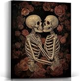 Voxitura Floral Skeleton Lovers Wall Art Canvas, Vintage Gothic Skull Rose Wall Decor Gifts for Anniversary Couple Valentines, Black Goth Pictures Prints Framed for Bedroom Dorm Apartment 12x15in