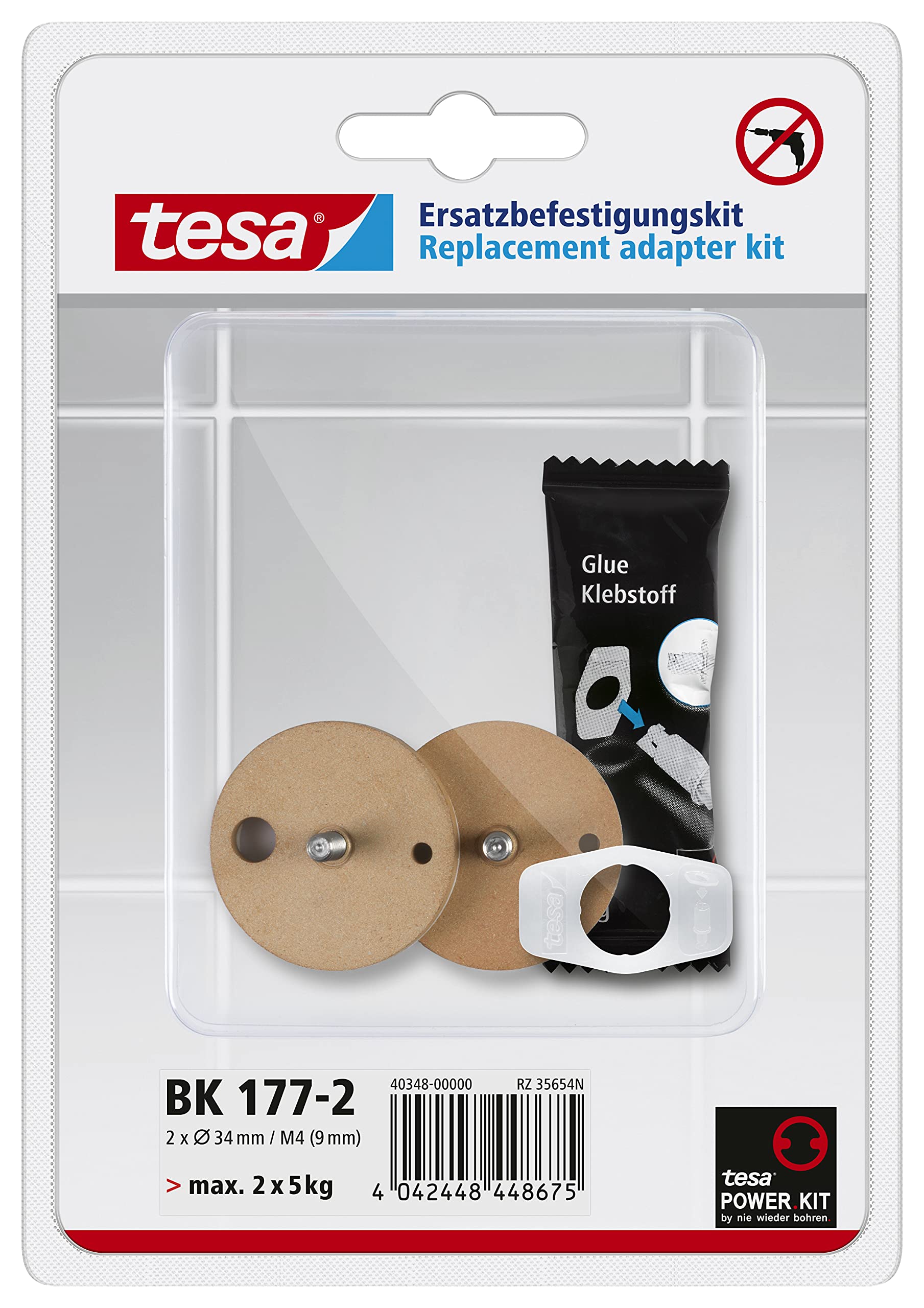 tesa Replacement Adapter Set BK177-2 - 2x Self-Adhesive, Drill-free Adapter with Power.Kit Technology for Bathroom Accessories - With Metal Plate and Tube Glue - Ø 34 mm x 12 mm, Bolt Length: 9 mm