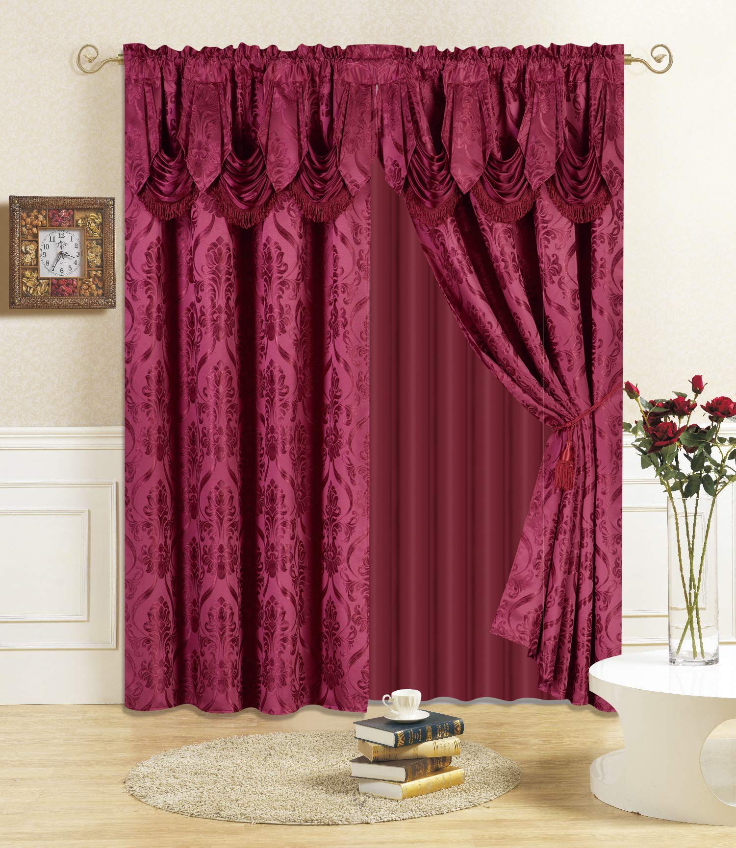 All American Collection New 4 Piece Drape Set with Attached Valance and Sheer with 2 Tie Backs Included (63" Length, Burgundy) Image