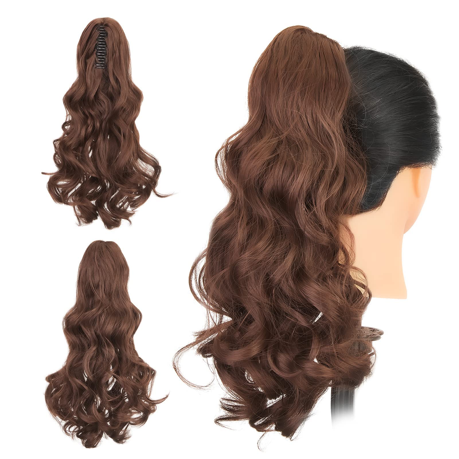 Gairyan 18inch Ponytail Extension Clip in Ponytail Hair Extensions Curly Wavy Pony Tails Claw on Ponytail Long Synthetic Hairpieces for Women Soft Real Look Wave (Dark Brown & Dark Auburn) โ image 1