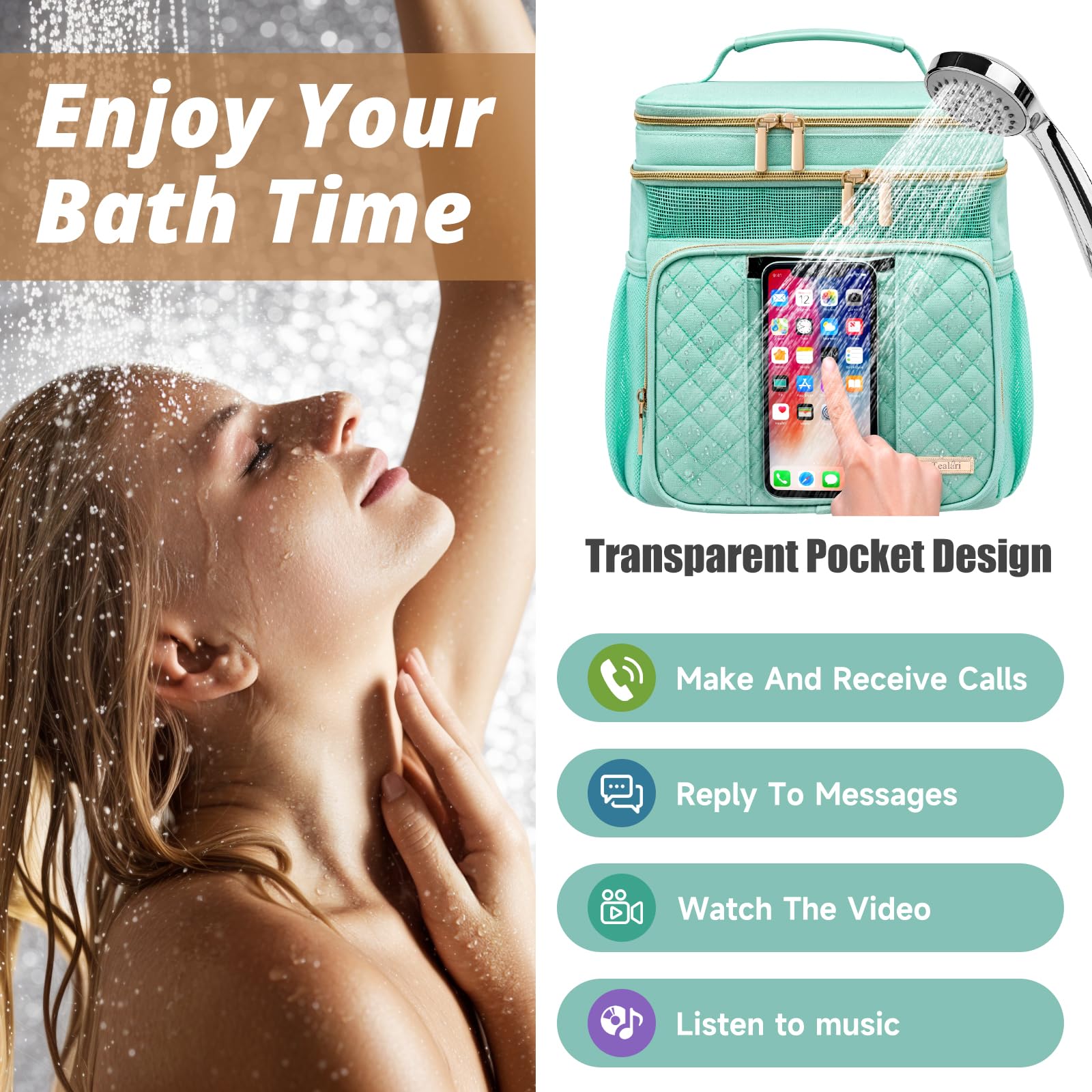 Tealari Large Toiletry Bag for Women Men,Bathroom Bag,Water Resistant Shower Bag,Makeup Bag,Portable Shower Caddy for College Dorm,Hanging Travel Toiletry Bag with Transparent Waterproof Phone Pocket