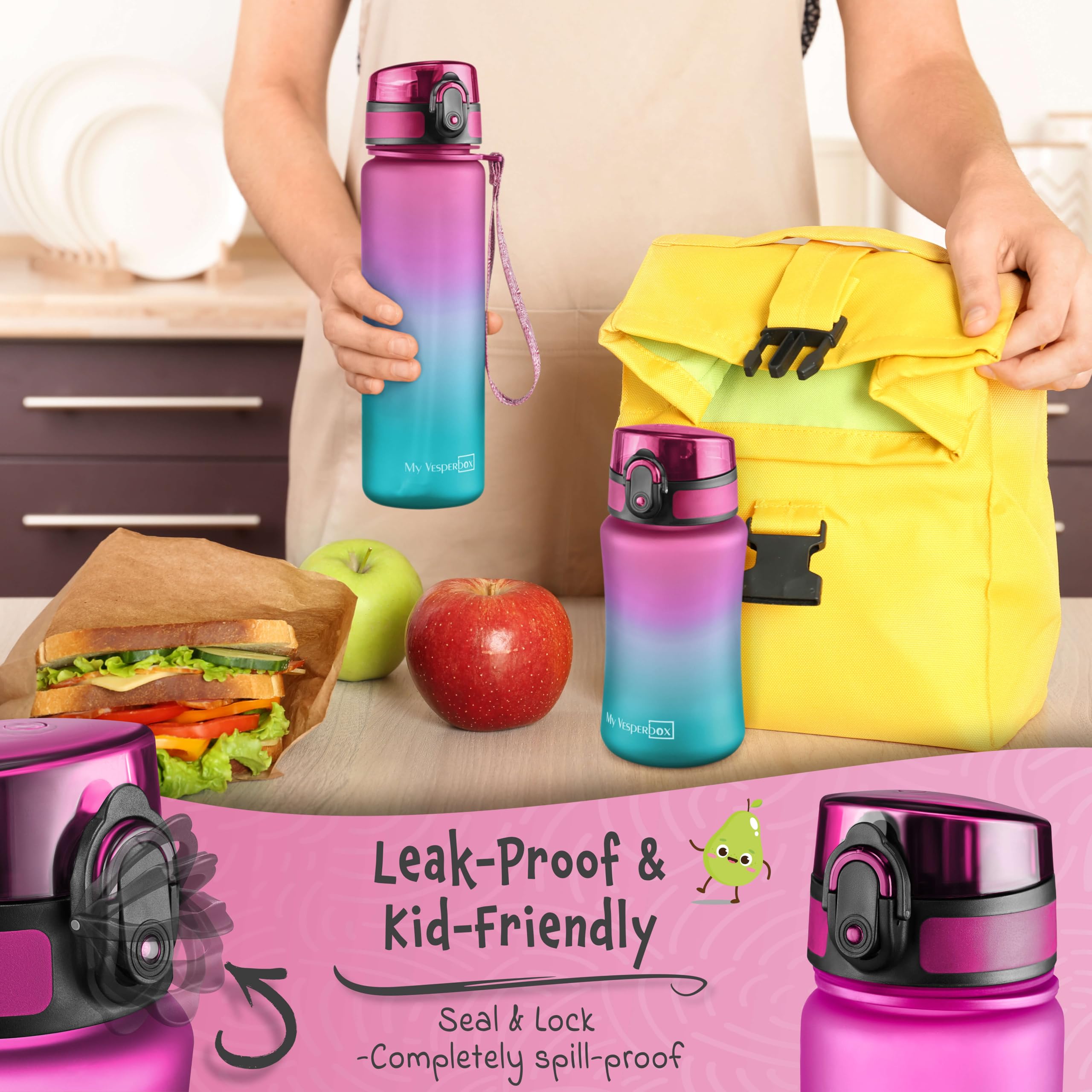 My Vesperbox – Minny - Kinder Trinkflasche auslaufsicher – 500ml – mit Strohhalm oder Sieb - leichte Tritan Wasserflasche - BPA frei - für Kindergarten, Schule (Lila - Blau 500ml) 4