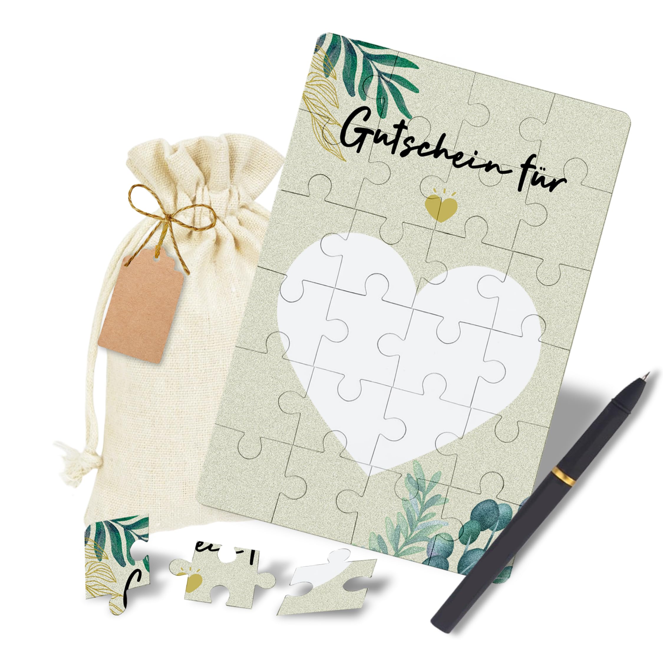 KCatsy Gutschein Puzzle Geburtstagskarte - Gutscheine zum selber ausfüllen Gutschein Geburtstag - Gutschein Verpackung Personalisierte Geschenke Idee mit Baumwollsäckchen Stift Geschenkanhänger