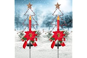 Doingart 2 Pack Outdoor Solar Christmas Light Decorations, LED Candle Christmas Lights with Artificial Poinsettia Gold Berry and Pine Needles Decorative Garden Stake