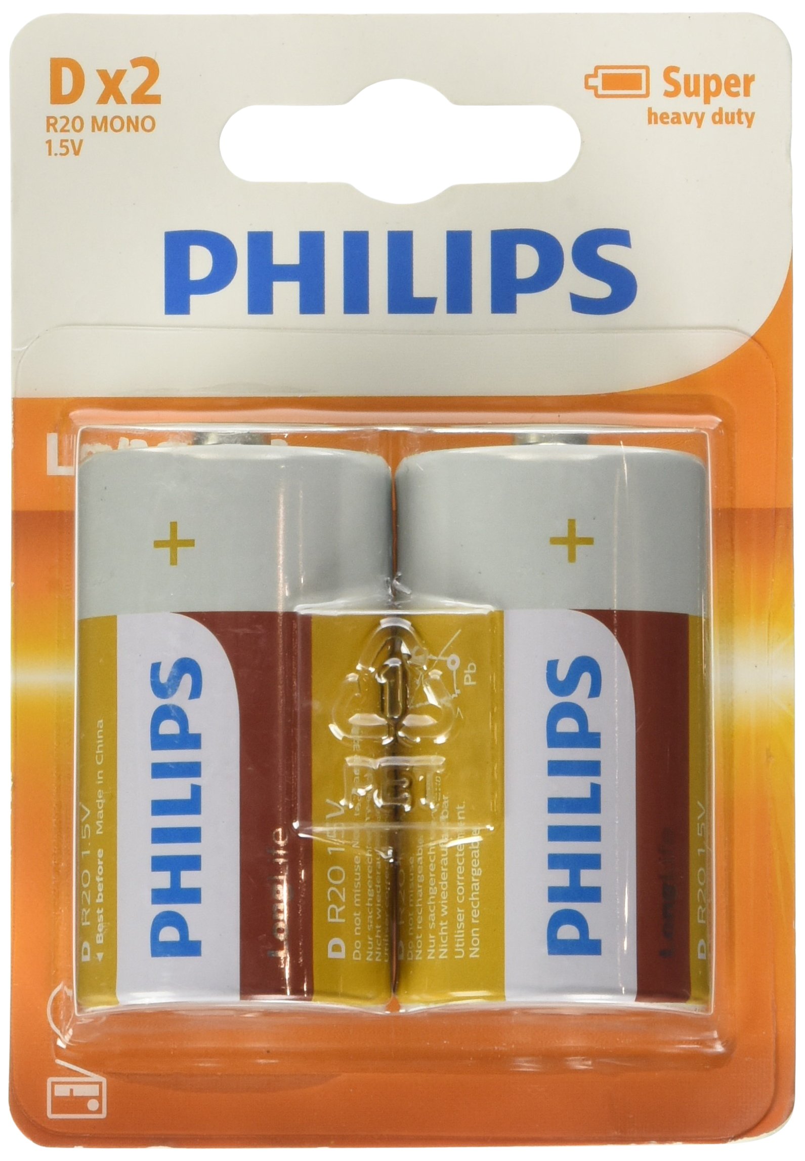 Philips D-Batteries - R20L2B - Battery Pack of 2 - Zinc Chloride Technology - 3 Year Shelf Life - 1.5V