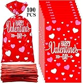 Boao 100 Pieces Happy Valentine's Day Cellophane Bags Heart Shaped Red Treat Bags Candy Gift Bag Goodie Bag with Twist Ties for Valentines Wedding Cookie Snack Packing Party Favors Supplies