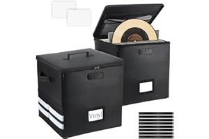 ANGELA&ALEX 2 Pcs Vinyl Record Storage Box with Lock, Fireproof Water Resistant 13 Inch Record Organizer Storage Hold 100+ 12" Vinyl Albums Crate with Lid Handles Record Collection File Holder Box Collapsible