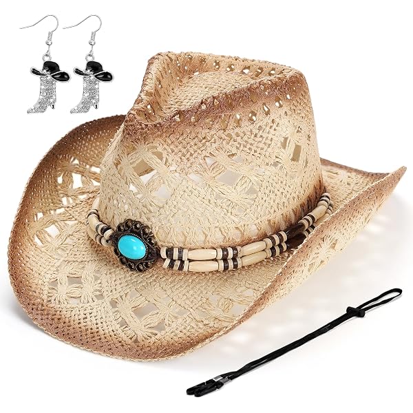 Straw Cowboy Hat with Boot Earrings, Adjustable Chin Strap, Wide Brim Sun Hat Straw Cowboy Hat with Chin Strap - Wide Brim, Adjustable  main image 2