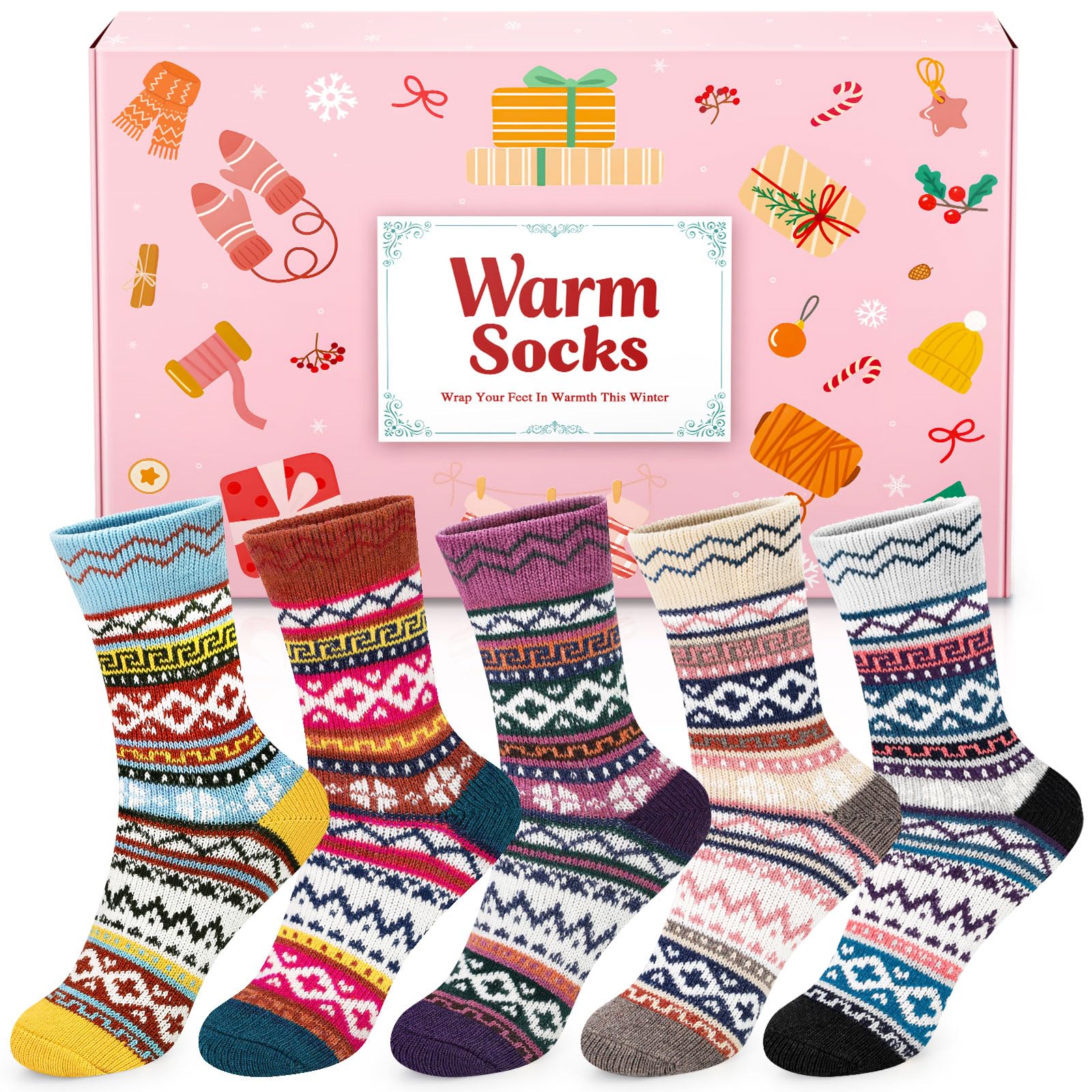 AUGOLA Thermal Winter Womens Socks, 5 Pairs Wool Warm Knitting Ladies Socks, Nordic Cosy Fluffy Vintage Style Soft Cotton Thick Bed Sock for Home Office School, for Women Daily Wear