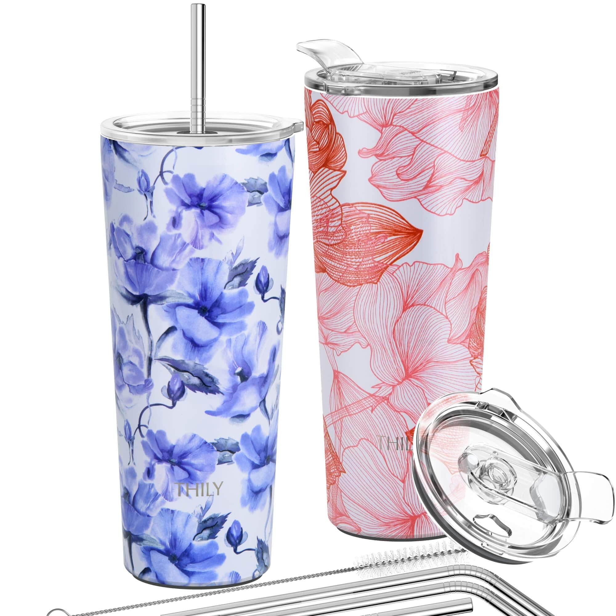 THILY Stainless Steel Vacuum Insulated Tumbler 26 oz Triple-Insulated Travel Mug with Splash-Proof Lid, for Iced Coffee and Hot Beverage, Iridaceae + Red Lotus