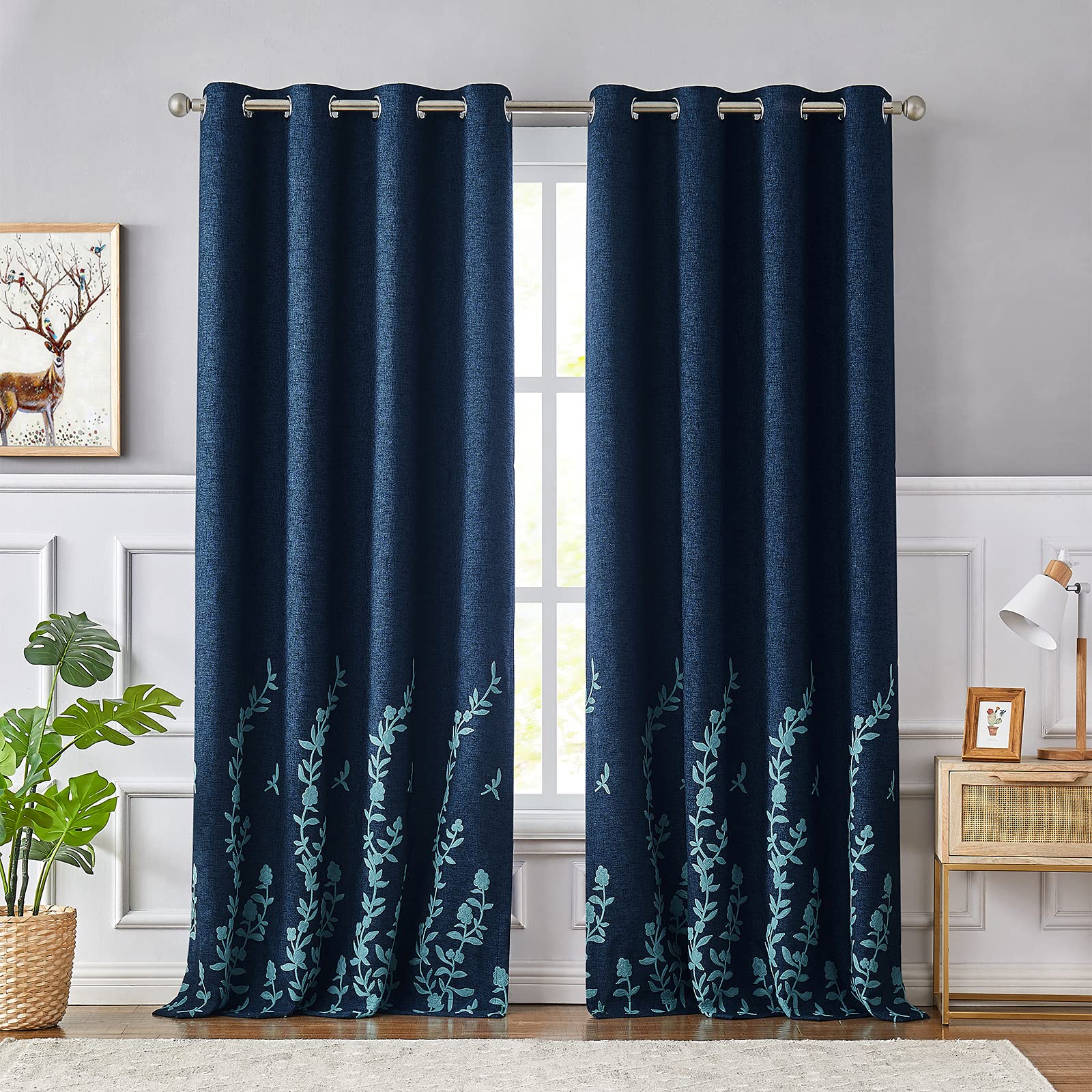 Melodieux Flower Embroidery Linen Textured Curtains for Living Room Bedroom, Blackout Grommet Window Drape, Navy/Blue, 52 by 96 Inch (1 Panel)