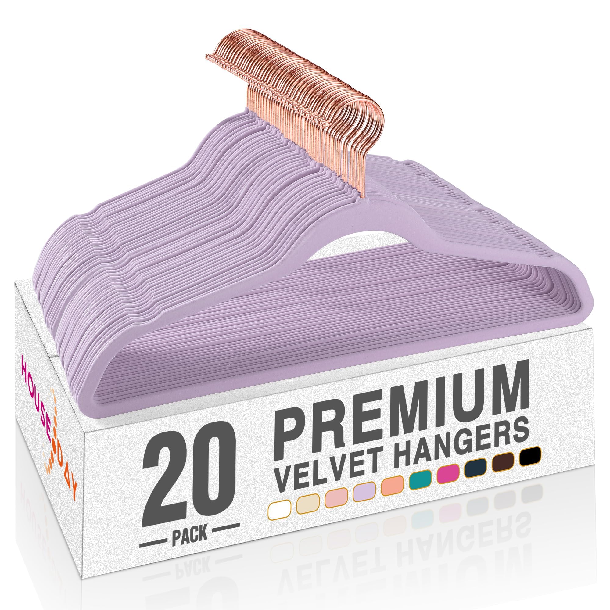 Photo 1 of HOUSE DAY Lt-Purple Velvet Hangers 20 Pack, Premium Non-Slip Felt Clothes, Sturdy Heavy Duty Coat, Durable Hangers for Suits, Space Saving with No Hanger Mark, 360° Swivel Rotating Rose Gold Hook