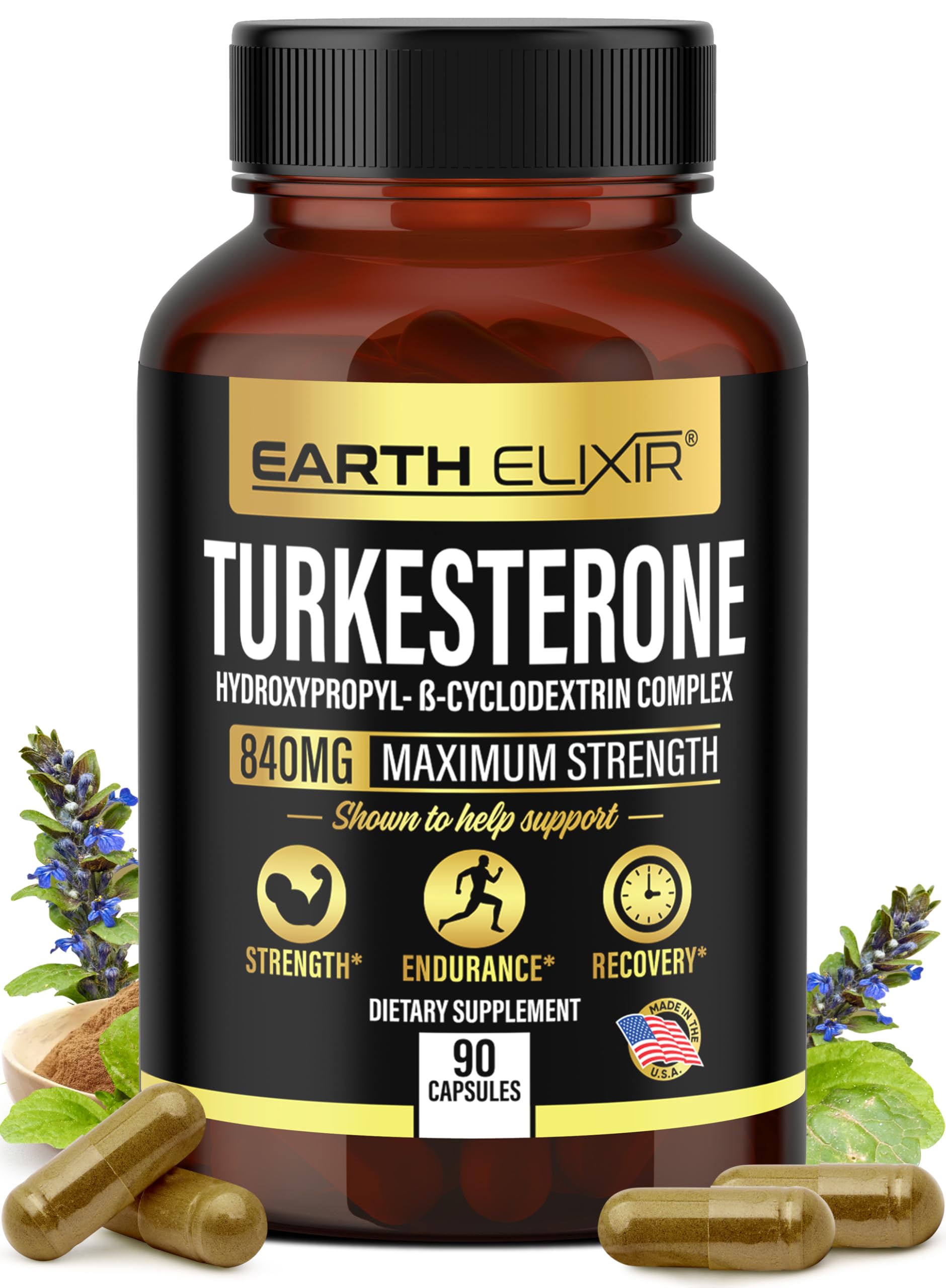 Earth Elixir Turkesterone 840 mg (90 Capsules) – Made in USA - 3rd Party Tested - 100% Pure Turkesterone Supplement for Men & Women - Ajuga Turkestanica Extract - Increase Natural Energy & Strength