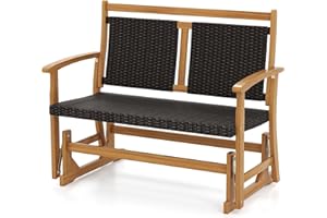 RELAX4LIFE Wooden Outdoor Glider Bench - 2-Person Wicker Rattan Swing Gliding Rocker Chair w/Acacia Wood Armrests, Wicker Back & Seat, Rocking Patio Loveseat for Porch Backyard Pool Garden (45.5'')