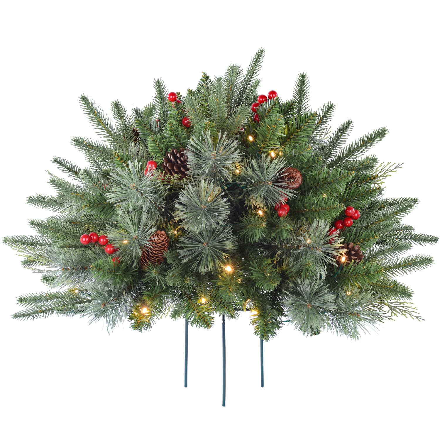 Photo 1 of 1 Pcs 30 Inch Christmas Tree Green Outdoor Planter Pots Filler Prelit Xmas Pine Trees with Cones and Red Berries 50 Warm White LED with 8 Light Modes and Timer for Yard