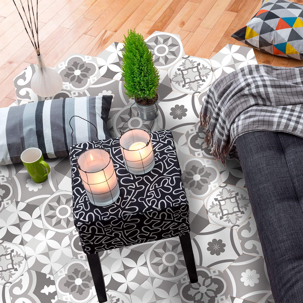 Ambiance Sticker Peel and Stick Decorative Hexagon Adamo Floor Tile, DIY Home Decor, Peel and Stick Removable Stickers, Waterproof Non-Skid Sticker - H40 x L90 cm - 10 Stickers of 20 x 18 cm