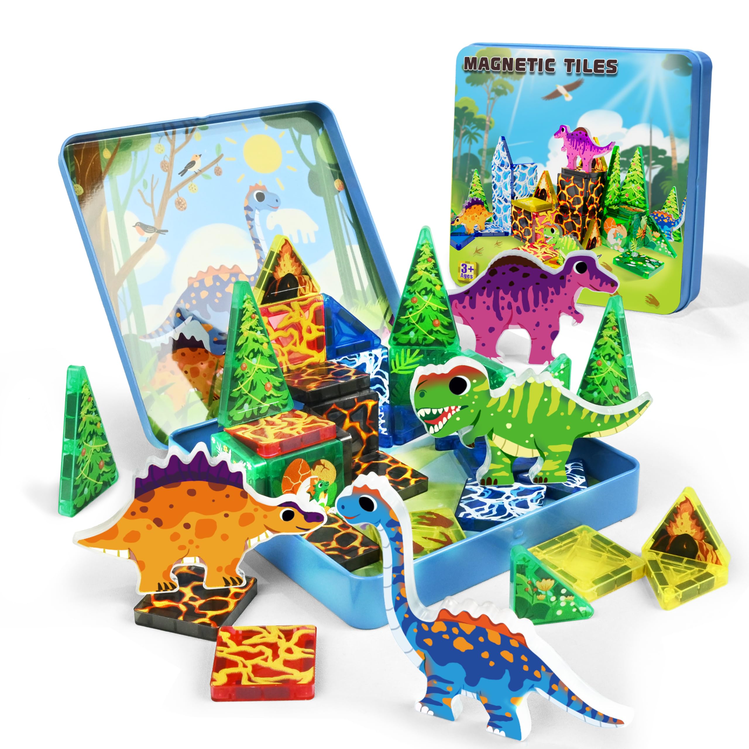 URRLUNA 36pcs Mini Magnetic Tiles Dinosaur Travel Set, Stocking Stuffers for Kids, Creative Travel Toys Dinosaur Magnetic Tiles for Toddlers, Magnet Building Travel Blocks for Boys Girls