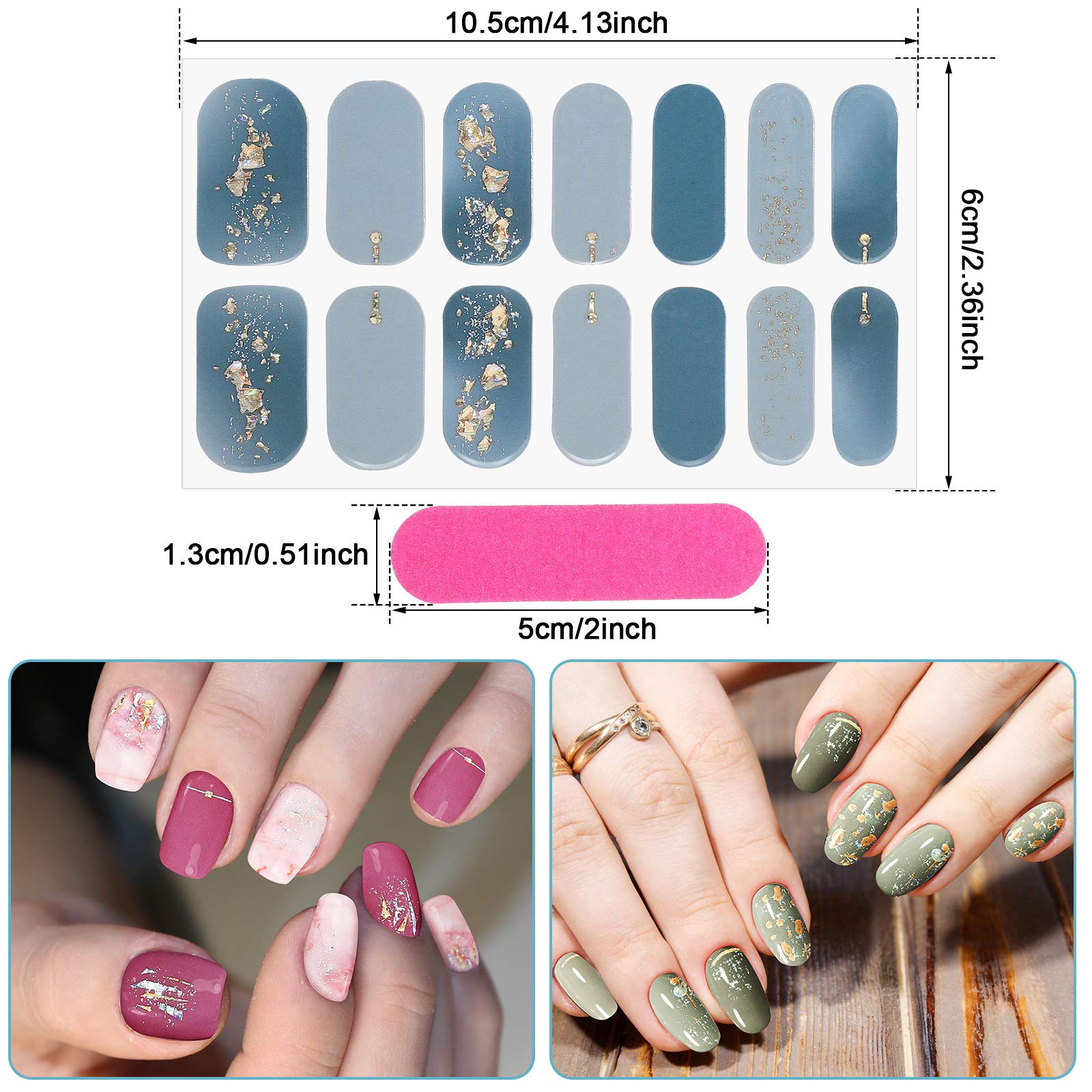 140 Pcs 10 Sheets Full Wrap Nail Stickers Polish Strips Gradient Stickers Glitter Self Adhesive DIY Art Decals Strips with 2 Pcs Nail Files for Holiday Decor (Classic Style) - Image 2