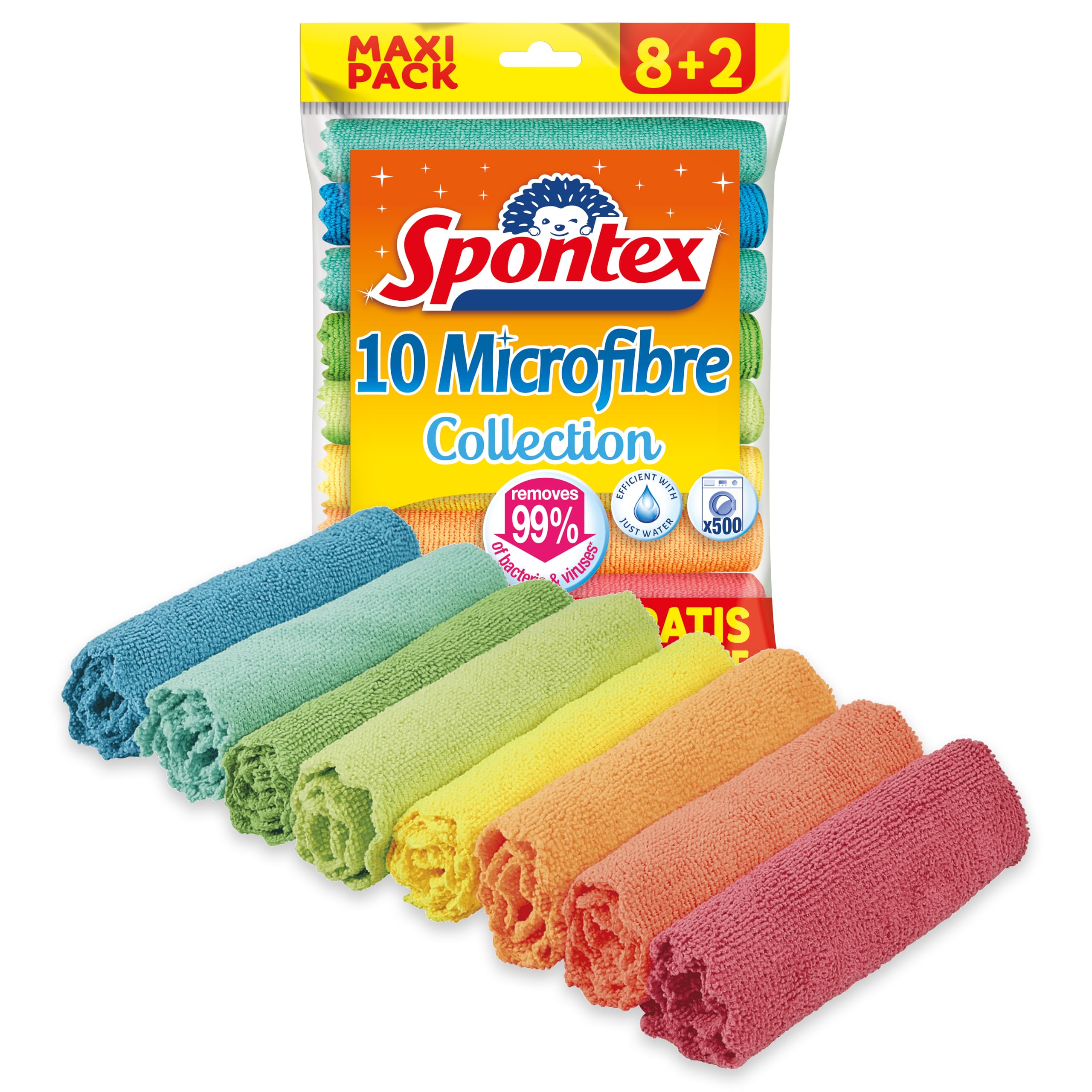 Spontex Microfibre Multi-Purpose Cloths 8 + 2 Free - Colourful, Pack of 10 Cloths