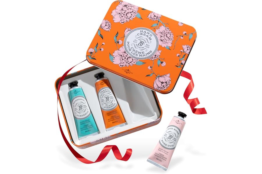 La Chatelaine Hand Cream Trio Tin, Holiday Gift Set, Natural Hand Lotion, Made in France with 20% Organic Shea Butter, Nourishing (Gardenia or Coconut Milk, Orange Blossom, Oud Rose) 3 x 1 fl. oz