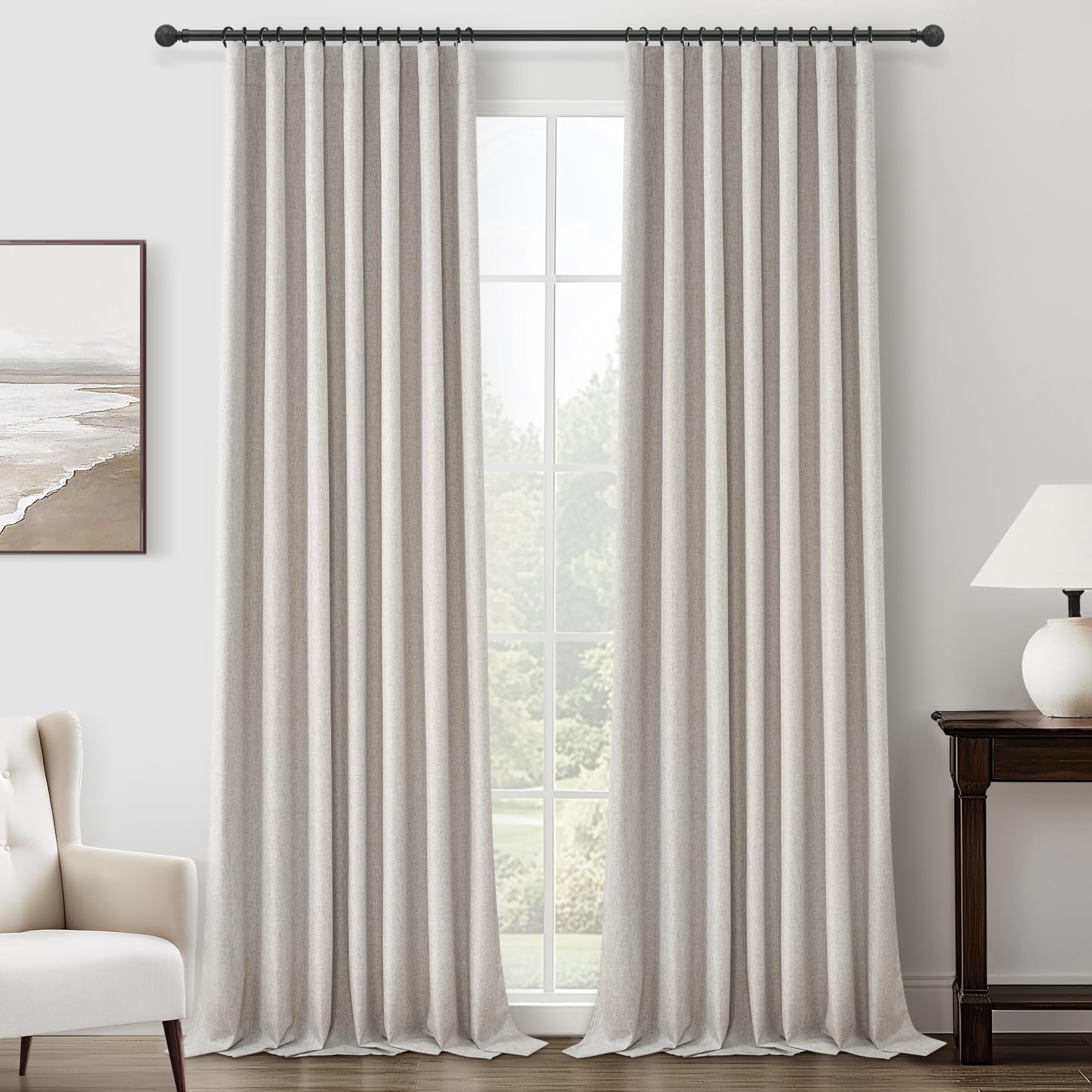 Photo 1 of Pleat Linen Blend Room Darkening Extra Long Curtains 120 Inch Length 2 Panels Set for Living Room, Natural Melange Grey for Bedroom Windows Blackout Drapes Heat Blocking for Summer Heat (50"Wx120"L)