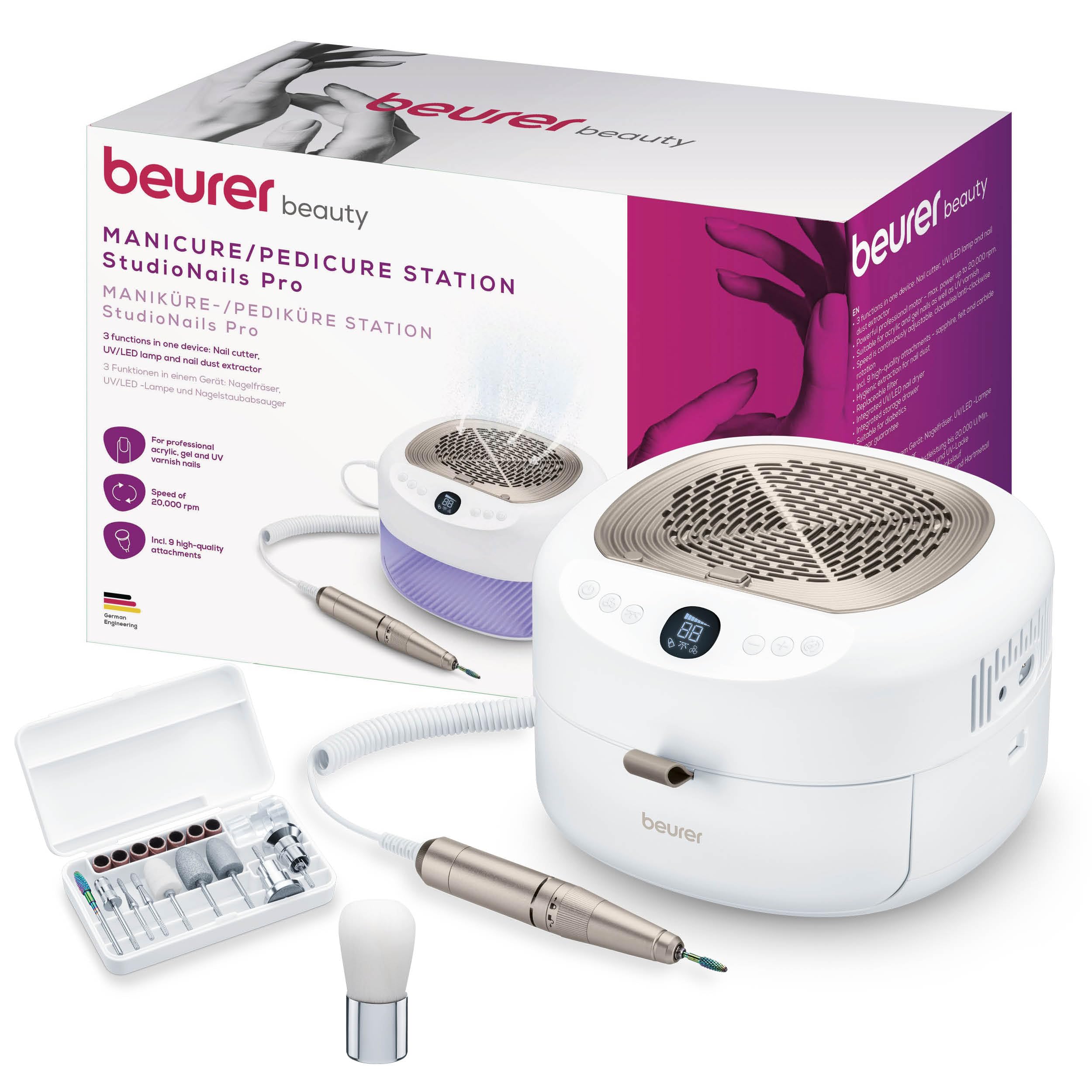 Beurer MP 200 Studio Nails Pro – Fresa per Unghie Professionale 3 in 1 con Lampada UV/LED, Lima per Unghie Elettrica per gel e acrilico, Pedicure Elettrico e Set Manicure con 9 accessori