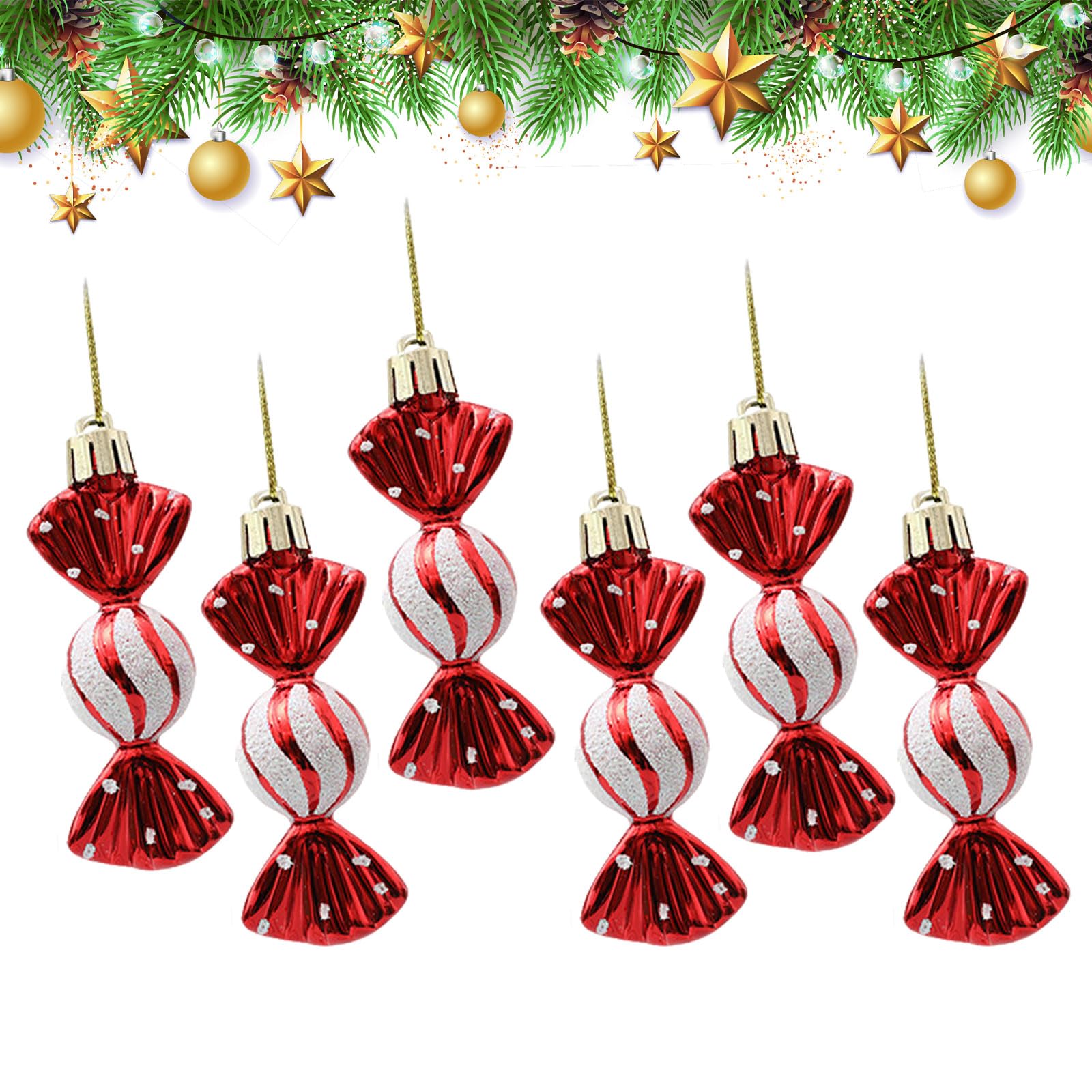 Vordpe Pack of 6 Christmas Tree Baubles, Plastic Painted Bauble Candy Pendant Prop (Red)