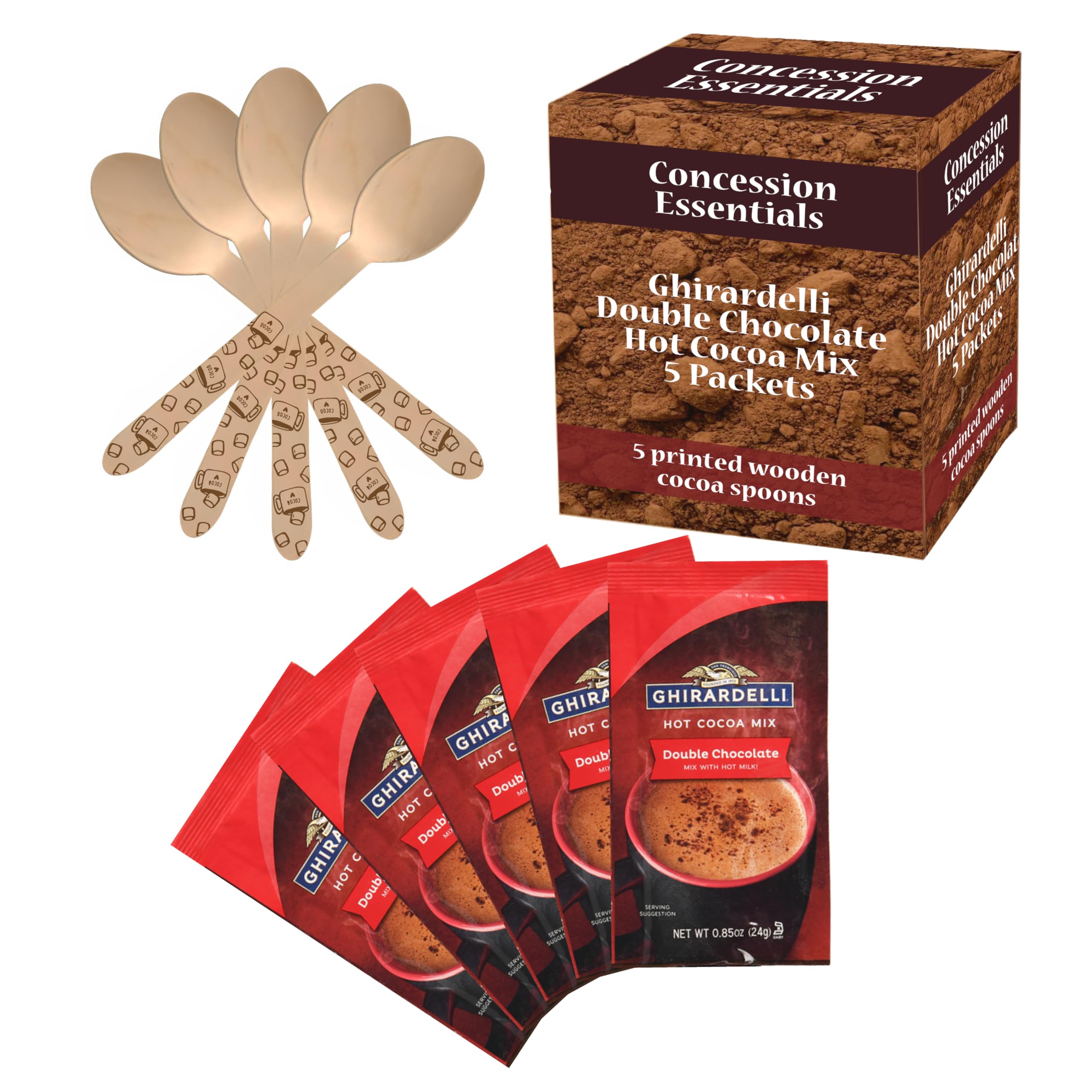 Photo 1 of **EXP:6/30/26** Concession Essentials Ghirardelli Double Chocolate Hot Cocoa Mix Packets, 5 Pack with Printed Wooden Spoons