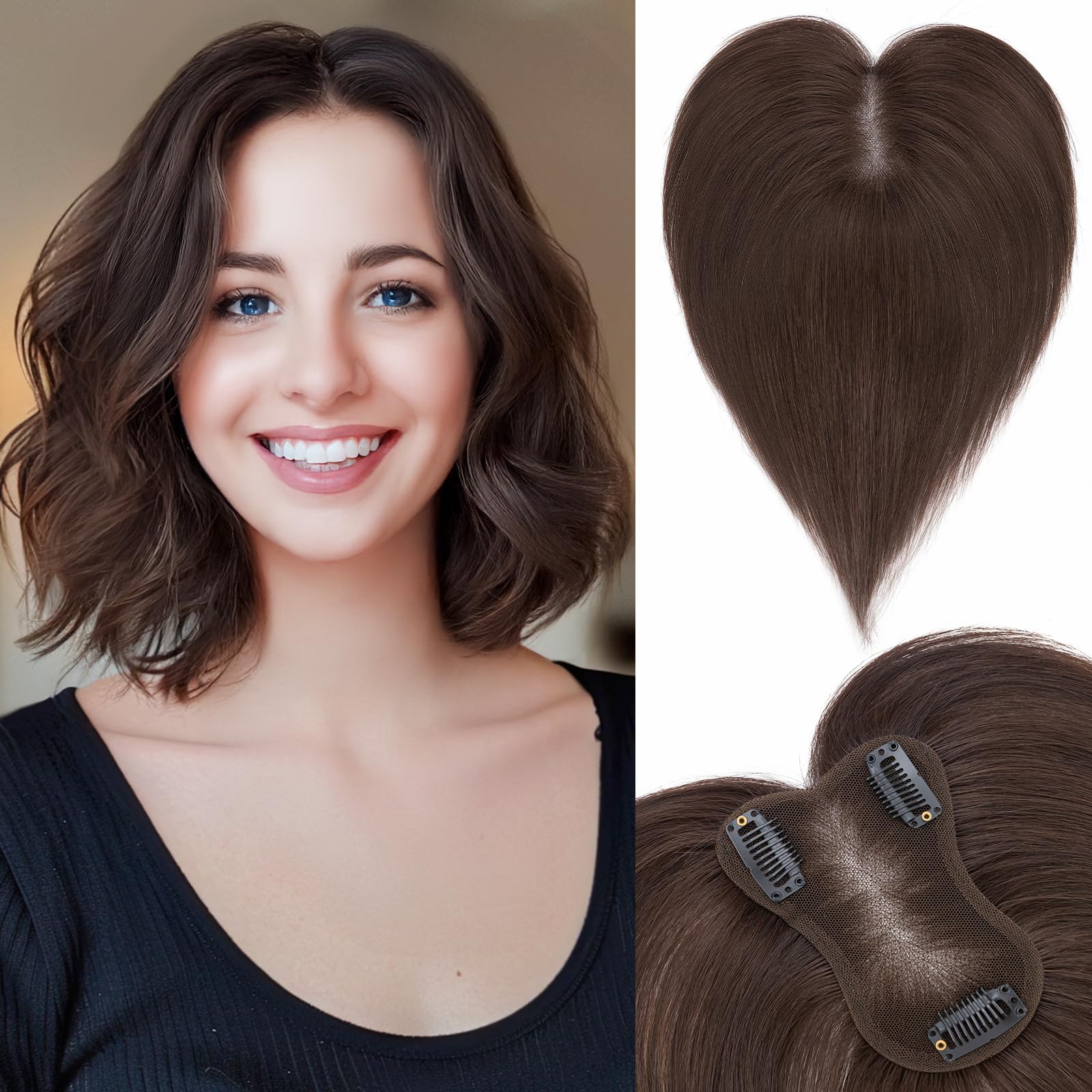 SEGOHAIR Hair Toppers for Thinning Hair Women Real Hair Hand-stitched 360°3D Coverage 20g Real Hair Toppers for Women Hair Pieces 11inch Dark Brown