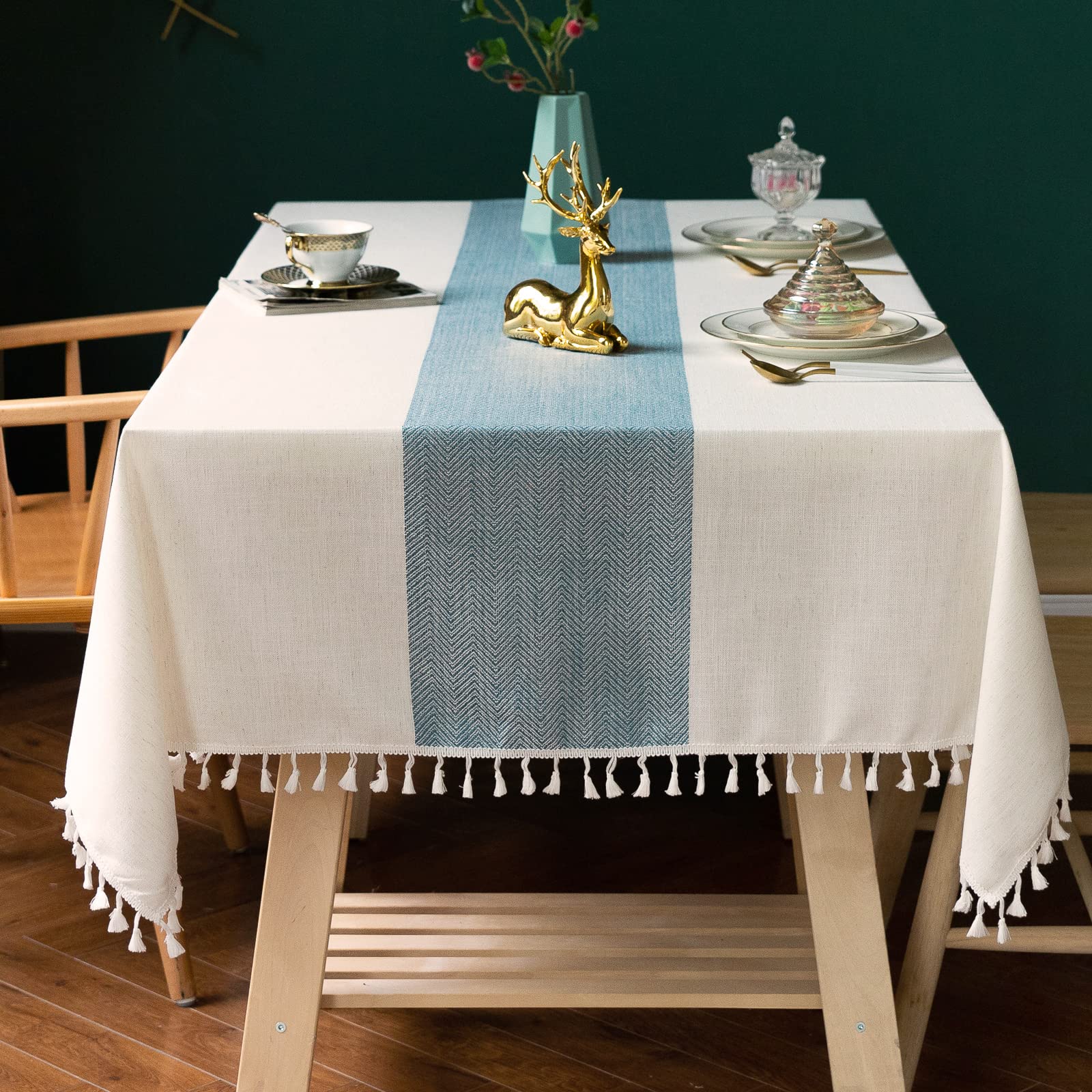 Photo 1 of Deep Dream Cotton Linen Table Cloth, Heavy Duty Tablecloths for 6 Foot Rectangle Tables, Waterproof Farmhouse Washable Tablecloth with Tassels for Kitchen Dining Party, 55" X 86", 6-8 Seats, Sky Blue