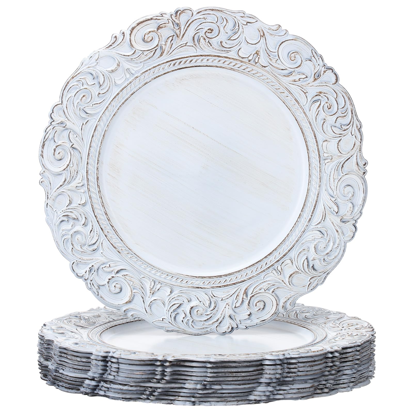 Photo 1 of Singhoow 12 Pcs Plastic Charger Plates 13" Round Antique White Gold with Engraved Baroque Rim Vintage Disposable Decorative Chargers for Wedding Party Events
