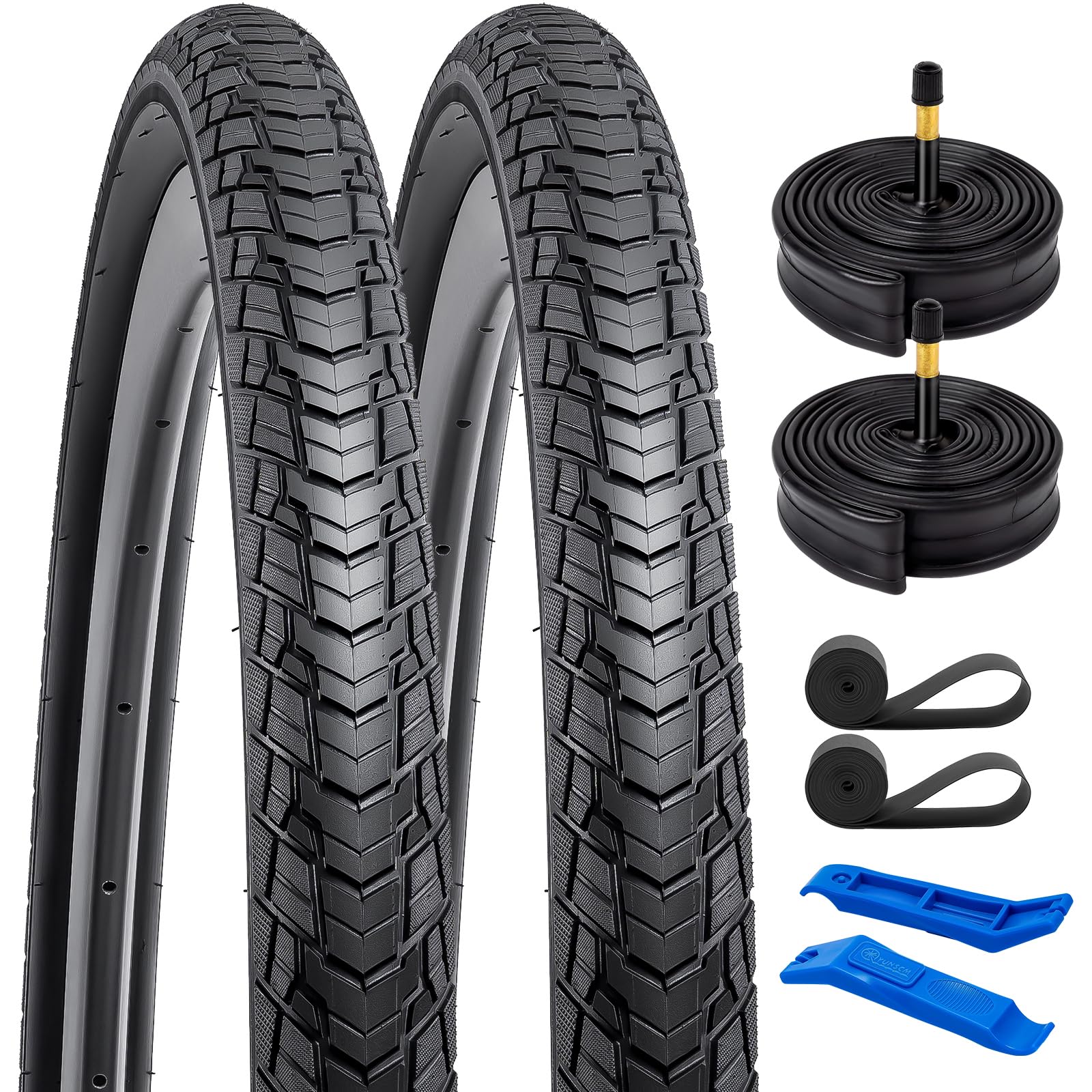 Photo 1 of YUNSCM 2-PCS 700C Road Bike Tires 700x38C/40-622 and 700C Bike Tubes Schrader Valve with 2 Rim Strips Compatible with 700x36C 700x37C 700 x 38C 700x39C 700x40C Bike Bicycle Tires and Tubes (Y-1128)