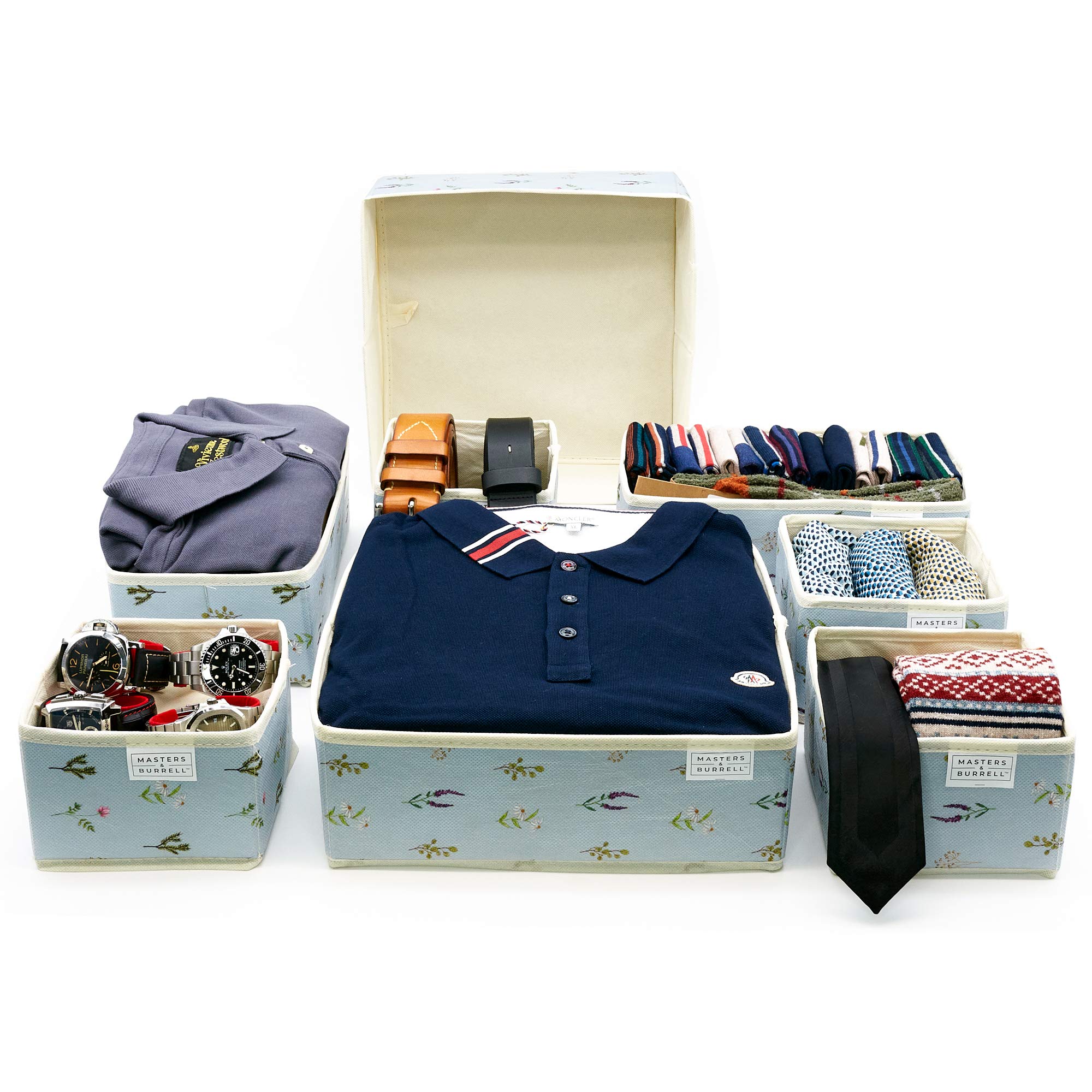 Masters & Burrell Wardrobe Dividers Set of Fabric Closet Organiser, Foldable Storage Boxes to Tidy Dresser, Office, Bra, Underwear, Tie, Socks, Bedroom, Collapsible Organizer (Flower)