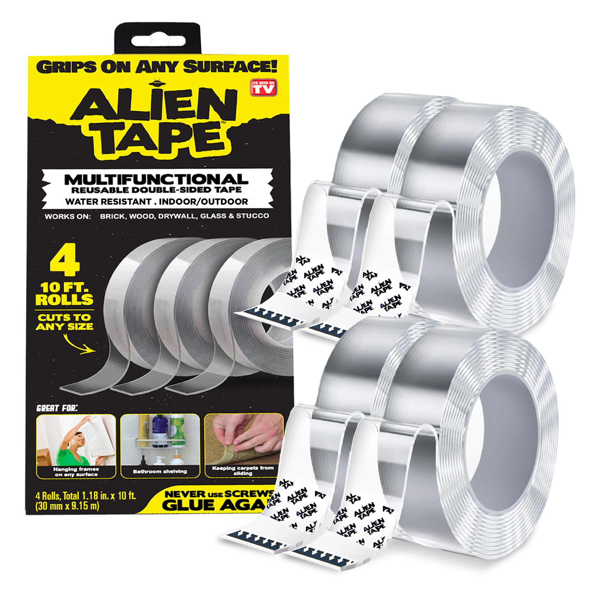 ALIEN TAPE Heavy Duty Double Sided Tape, Nano Tape, Feet Clear Adhesive Tape for Poster Photo Wall Decor As Seen on TV, (4 Rolls - 40 Feet)