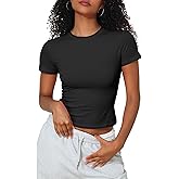 Hilor Women's Casual Basic Cotton T-Shirts Short Sleeve Y2K Going Out Crop Tops Baby Tees Tight Fitted Crew Neck T Shirts
