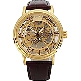SEWOR Men's Mechanical Skeleton Transparent Vintage Style Leather Wrist Watch (Gold)