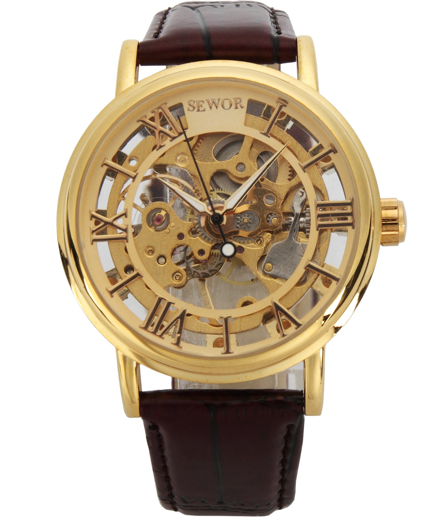 SEWOR Men\'s Mechanical Skeleton Transparent Vintage Style Leather Wrist Watch (Gold Case)