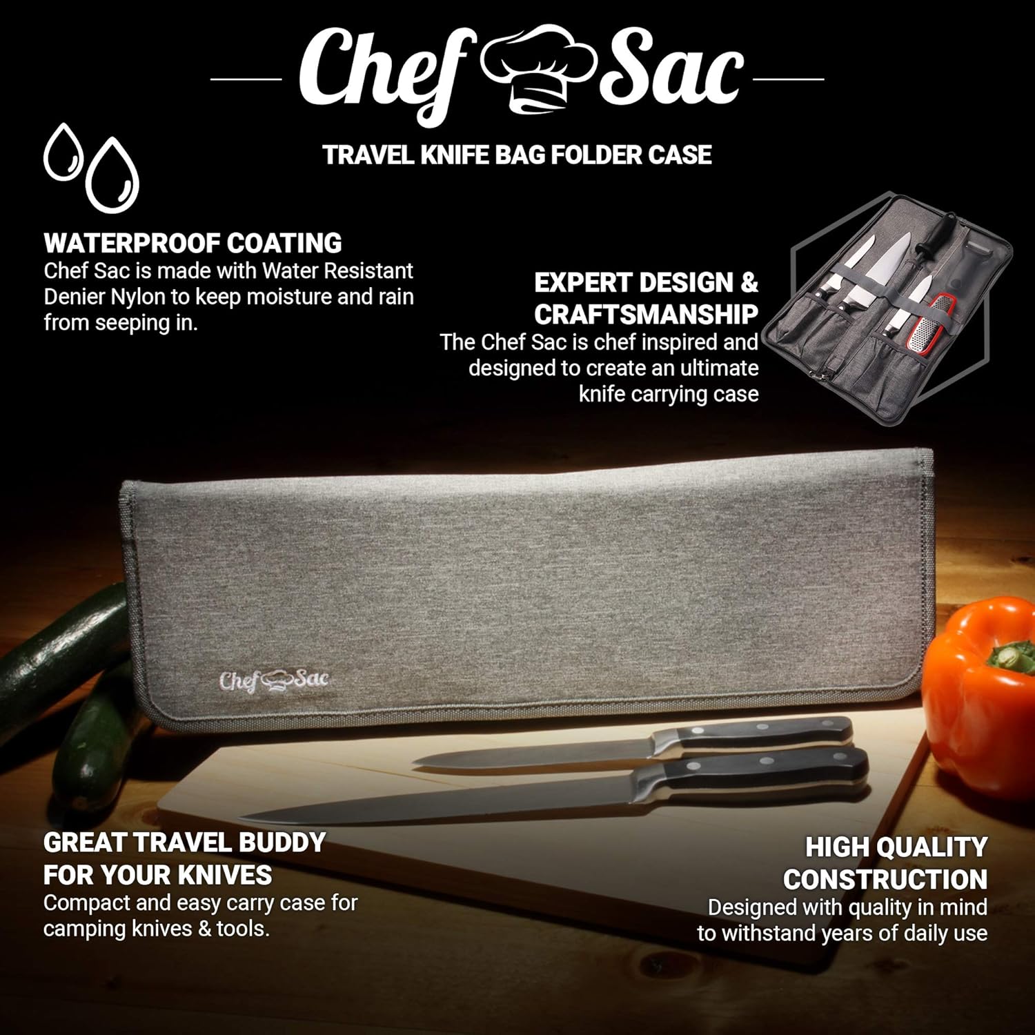 Chef Knife Bag Travel Folder Knife Case | 4 Pockets for Knives & Kitchen Tools | Special Slot for Honing Rod | Camp Chef Accessories | Durable Knife Holder for Chefs & Culinary Students (Heather Grey): Kitchen & Dining