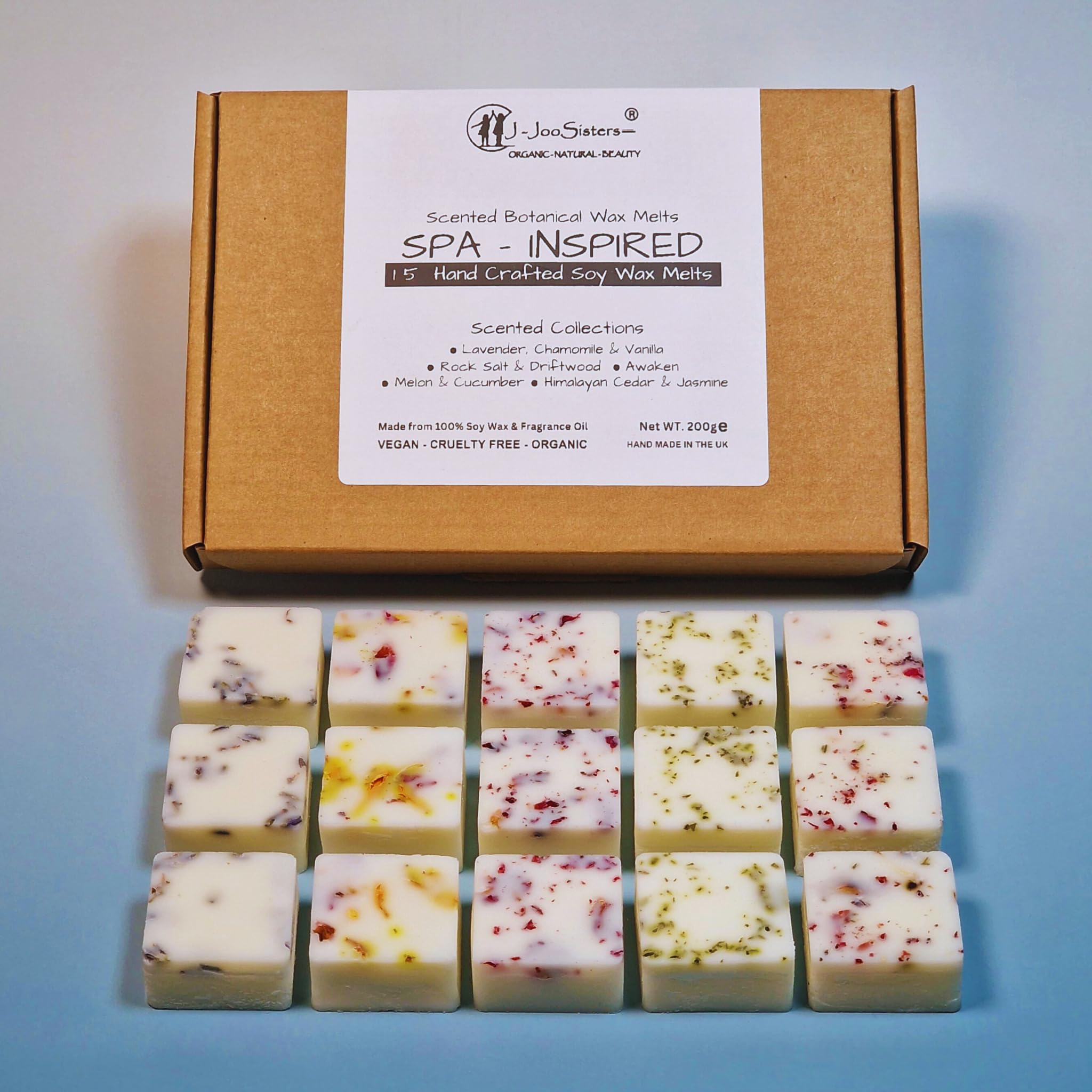 SPA-Inspired Highly Scented Botanical Wax Melts Collections (15 x 13.5g Hand Crafted) - Vegan Friendly & Cruelty Free - Plastic Free - Provide 8 to 10hrs scents/cube - Made in the UK (SPA - INSPIRED)