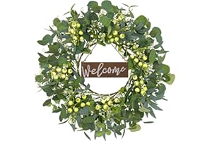 DIYFLORU Spring Wreaths for Front Door 20 Inch Summer Green Wreath Greenery Eucalyptus Wreath with Welcome Sign Berries for All Season Farmhouse Window Porch Fireplace Indoors Outdoor