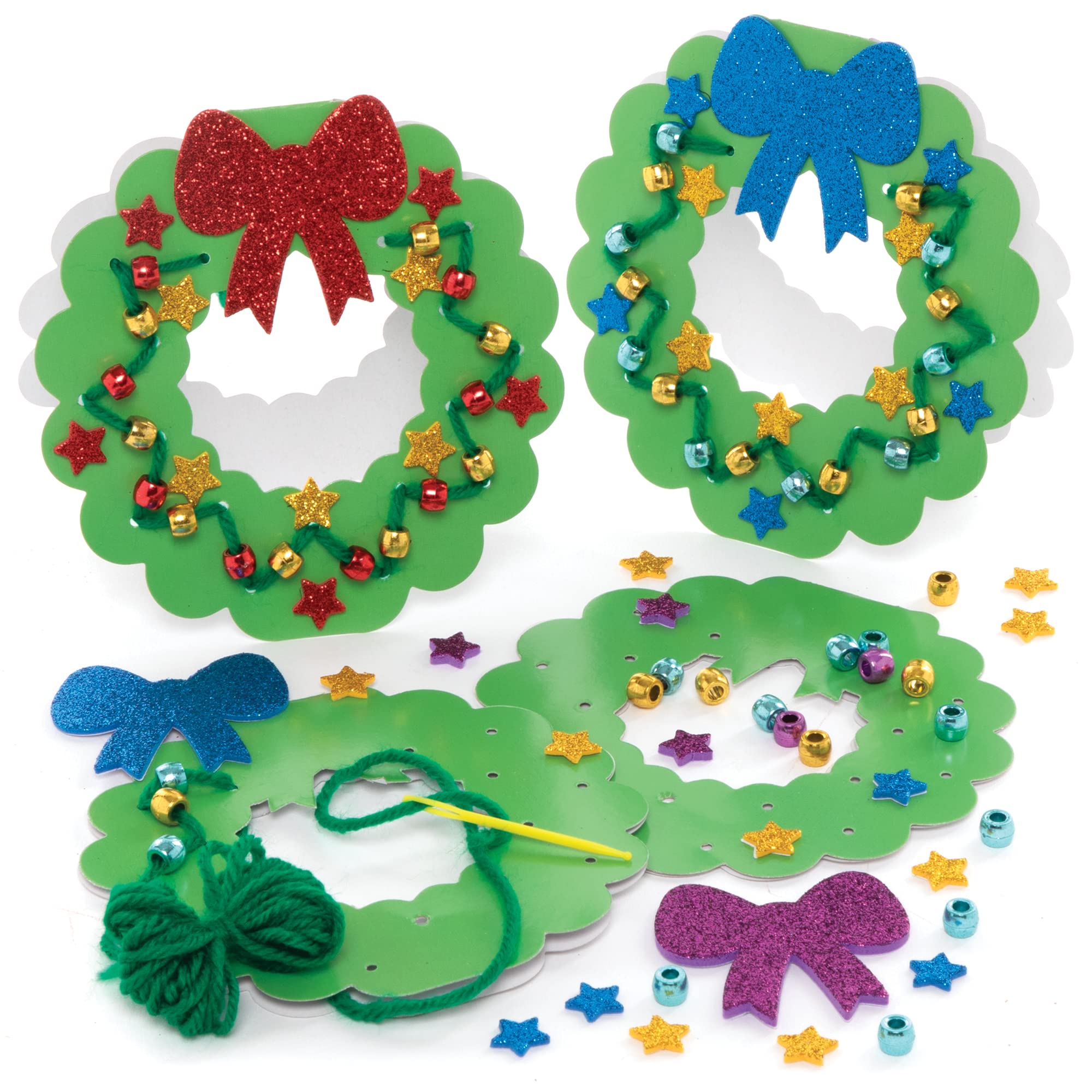 Baker Ross FE919 Christmas Wreath Threading Card Kits - Pack of 6, Make Your Own Christmas Decorations, Introduction to Threading for Beginners, Educational Crafts for Kids